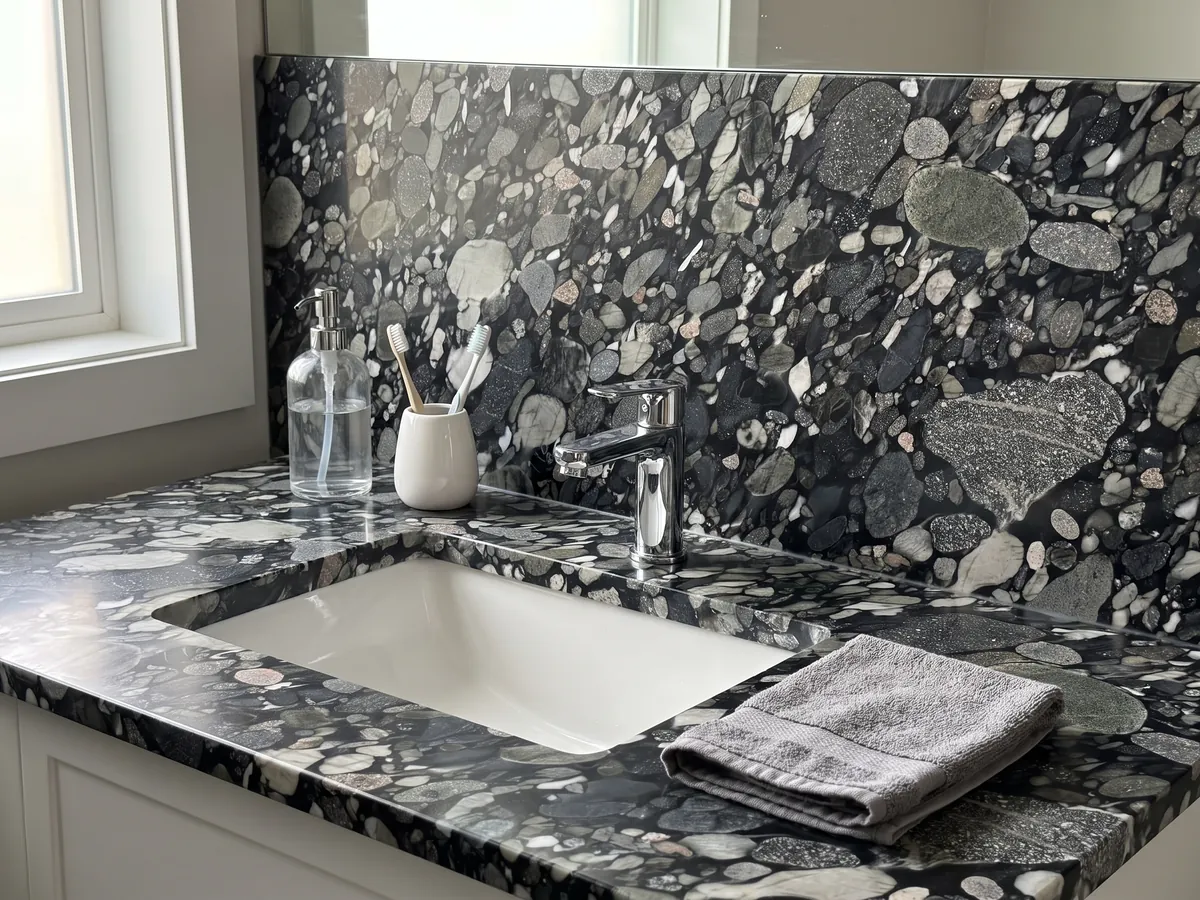 Vanity top and bathroom wall in Marinace Black quartzite with a white sink and chrome fixtures: tightly packed gray, white and black pebbles on a black background