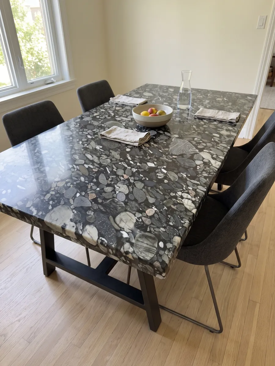 Dining table with a Marinace Black quartzite top on a steel base: tightly packed gray, white and black pebbles on a black background