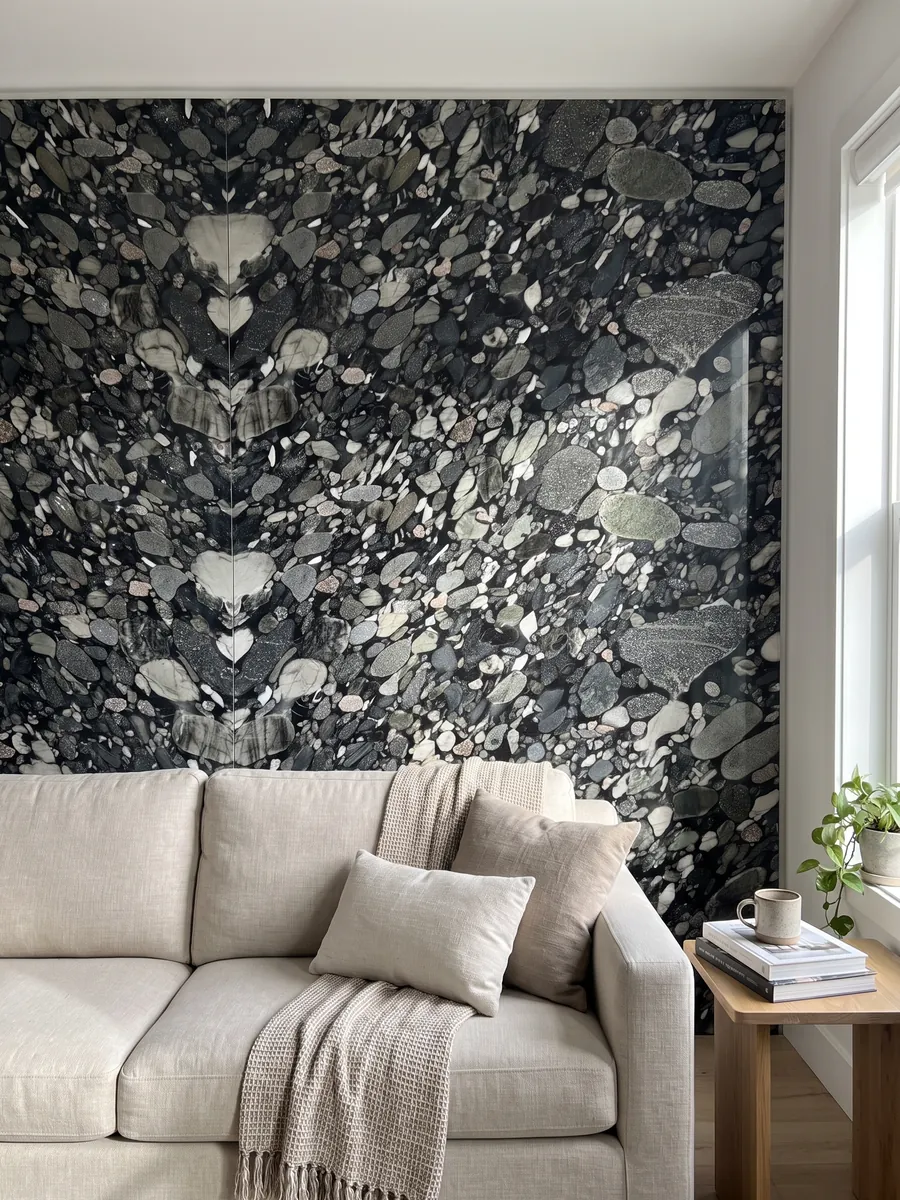 Living room wall clad with bookmatched slabs of Marinace Black quartzite behind a sofa: tightly packed gray, white and black pebbles on a black background