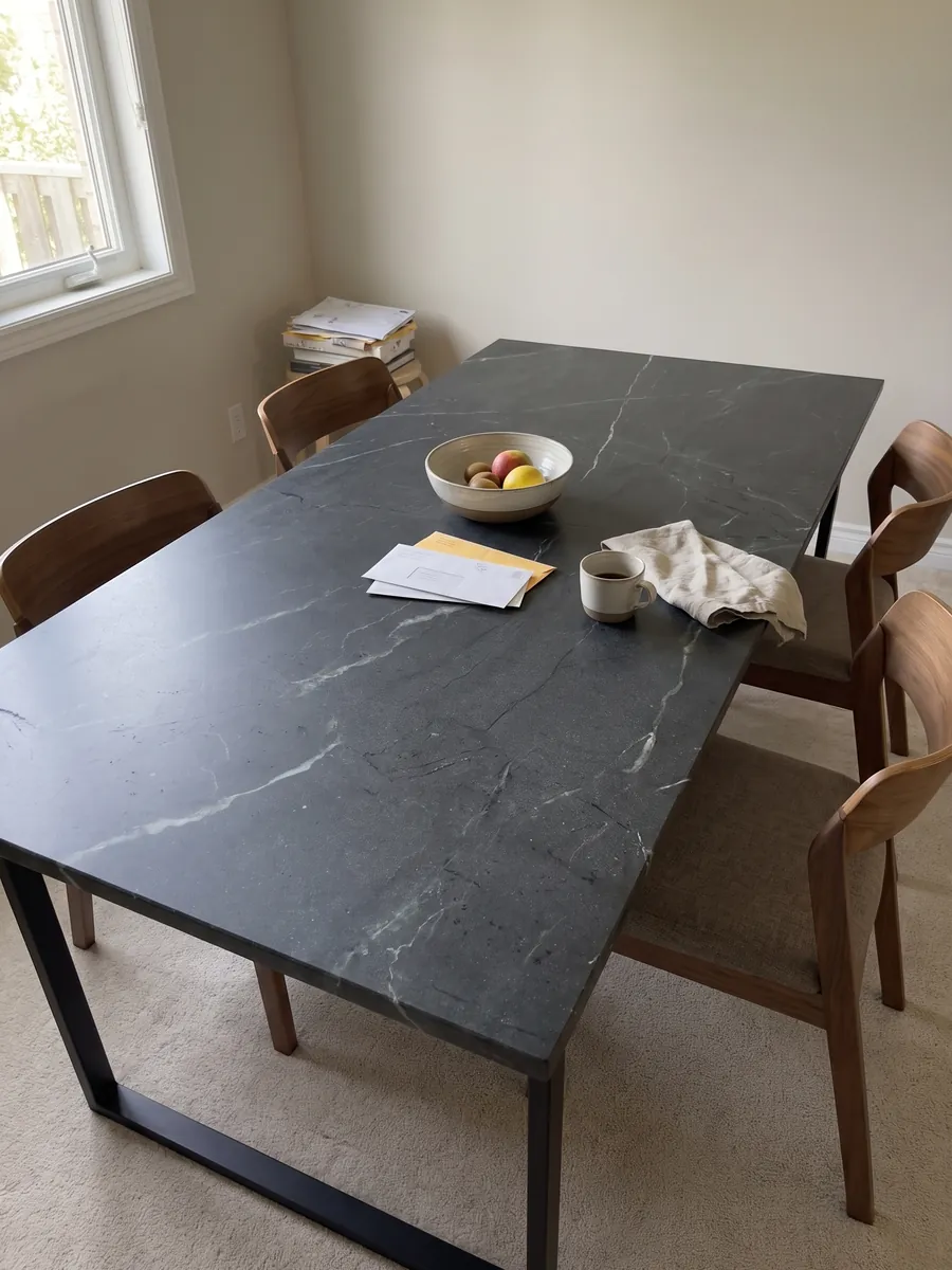 Dining table with a Negresco black quartzite top on a steel base: black with fine, sparse white veins running diagonally