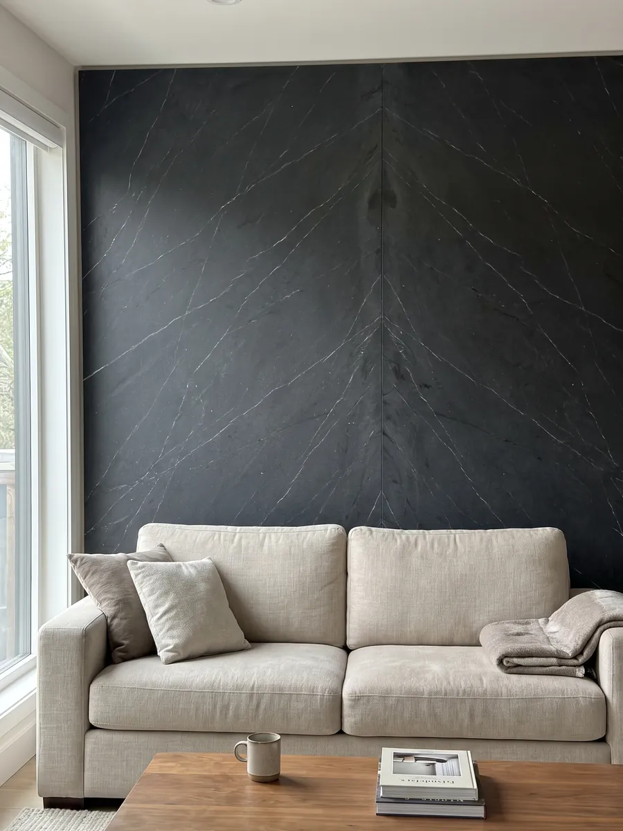 Living room wall clad in bookmatched Negresco black quartzite slabs behind a sofa: black with fine, sparse white veins running diagonally
