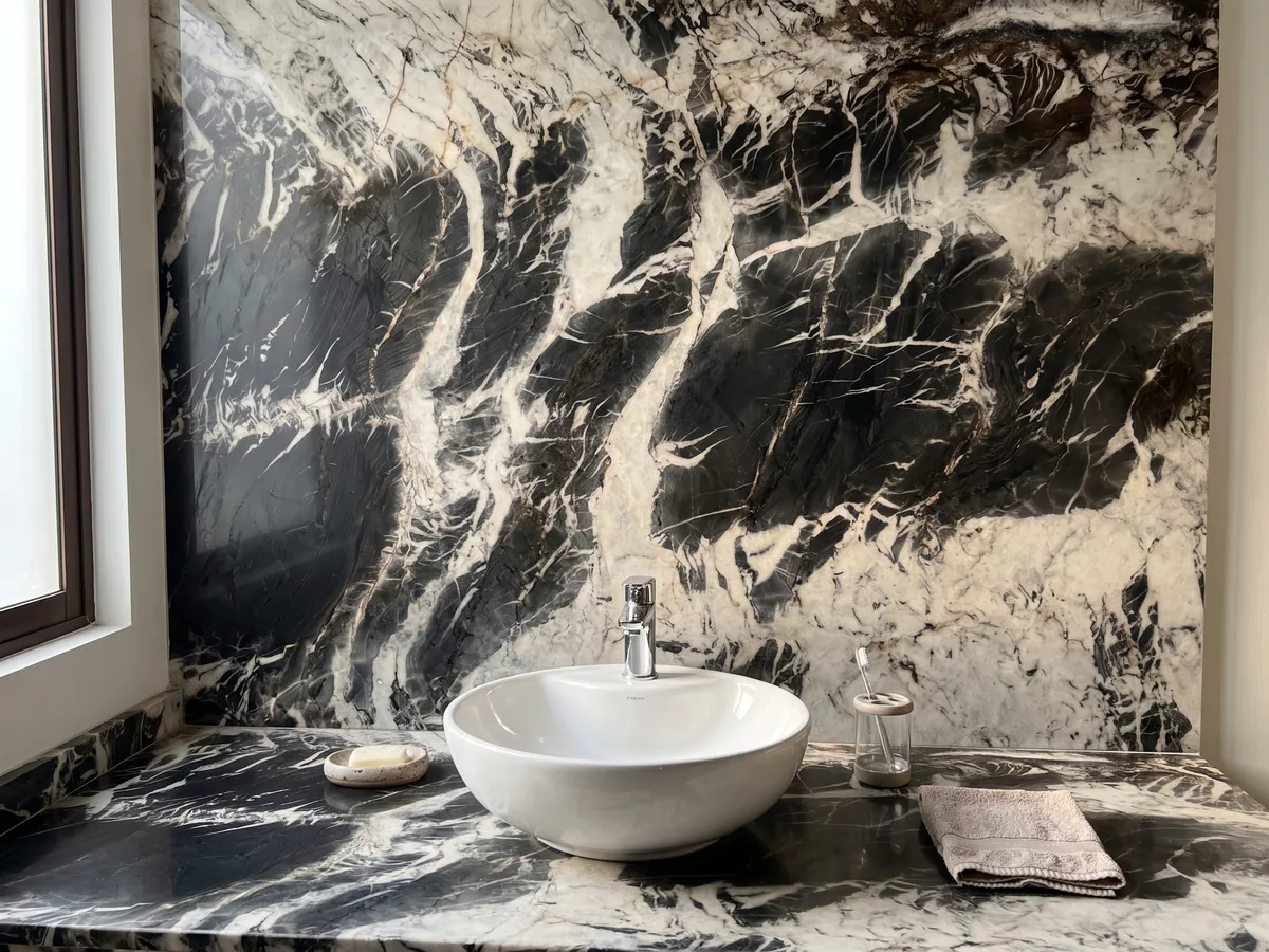 Bathroom vanity top and wall in Ocean Storm black quartzite with a white sink and chrome faucet: black marks like brushstrokes over a cream background