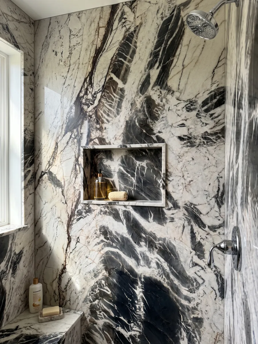 Shower clad in full Ocean Storm black quartzite slabs with a recessed niche: black marks like brushstrokes over a cream background