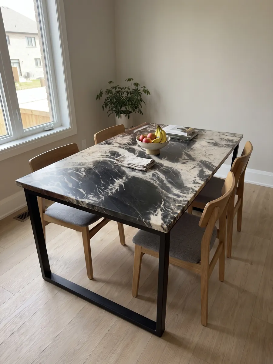 Dining table with an Ocean Storm black quartzite top on a steel base: black marks like brushstrokes over a cream background