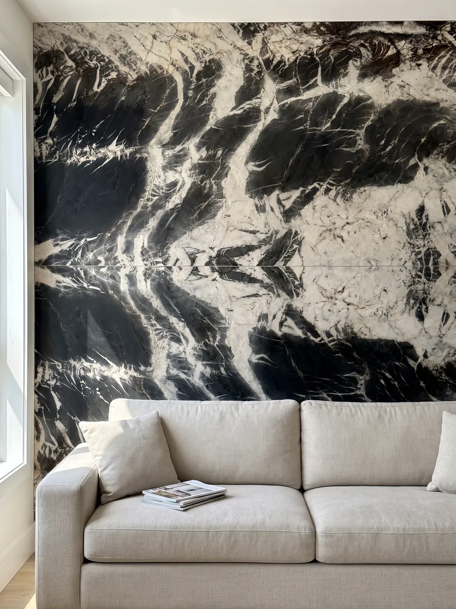 Living room wall clad in bookmatched Ocean Storm black quartzite slabs behind a sofa: black marks like brushstrokes over a cream background