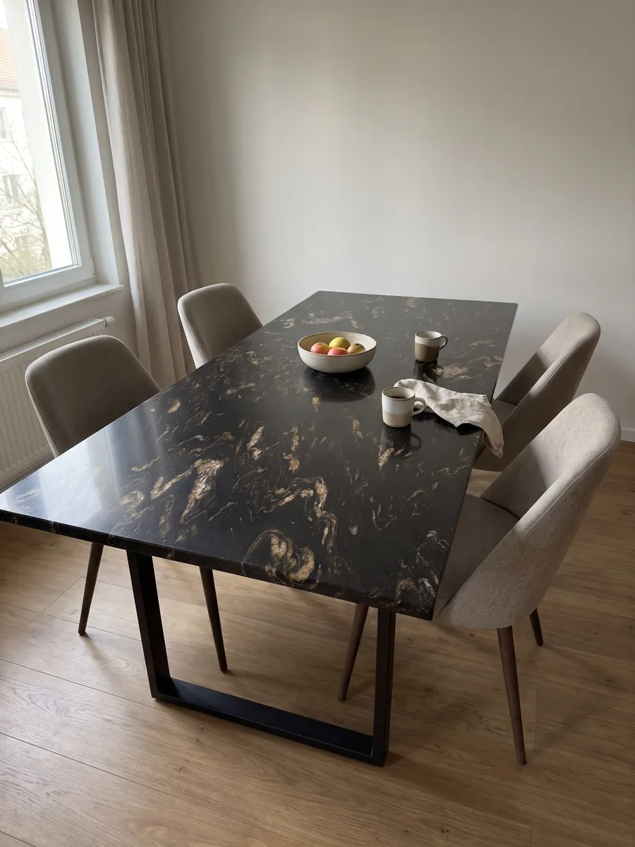 Dining table with a black Titanium quartzite top on a steel base: black with golden and beige flame-shaped inclusions