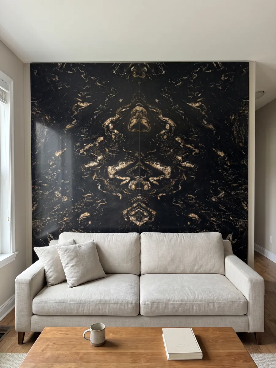 Living room wall clad in bookmatched slabs of black Titanium quartzite behind a sofa: black with golden and beige flame-shaped inclusions