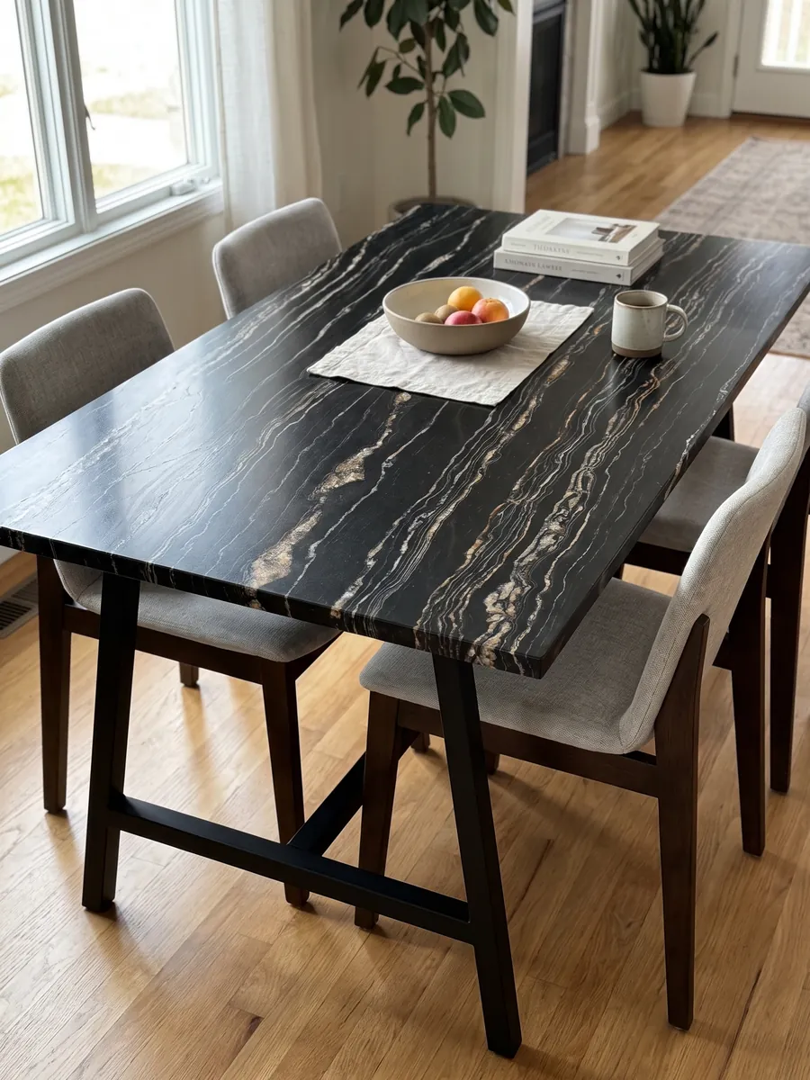 Dining table with a Tropical Storm black quartzite top on a steel base: black with fine horizontal white and gold lines