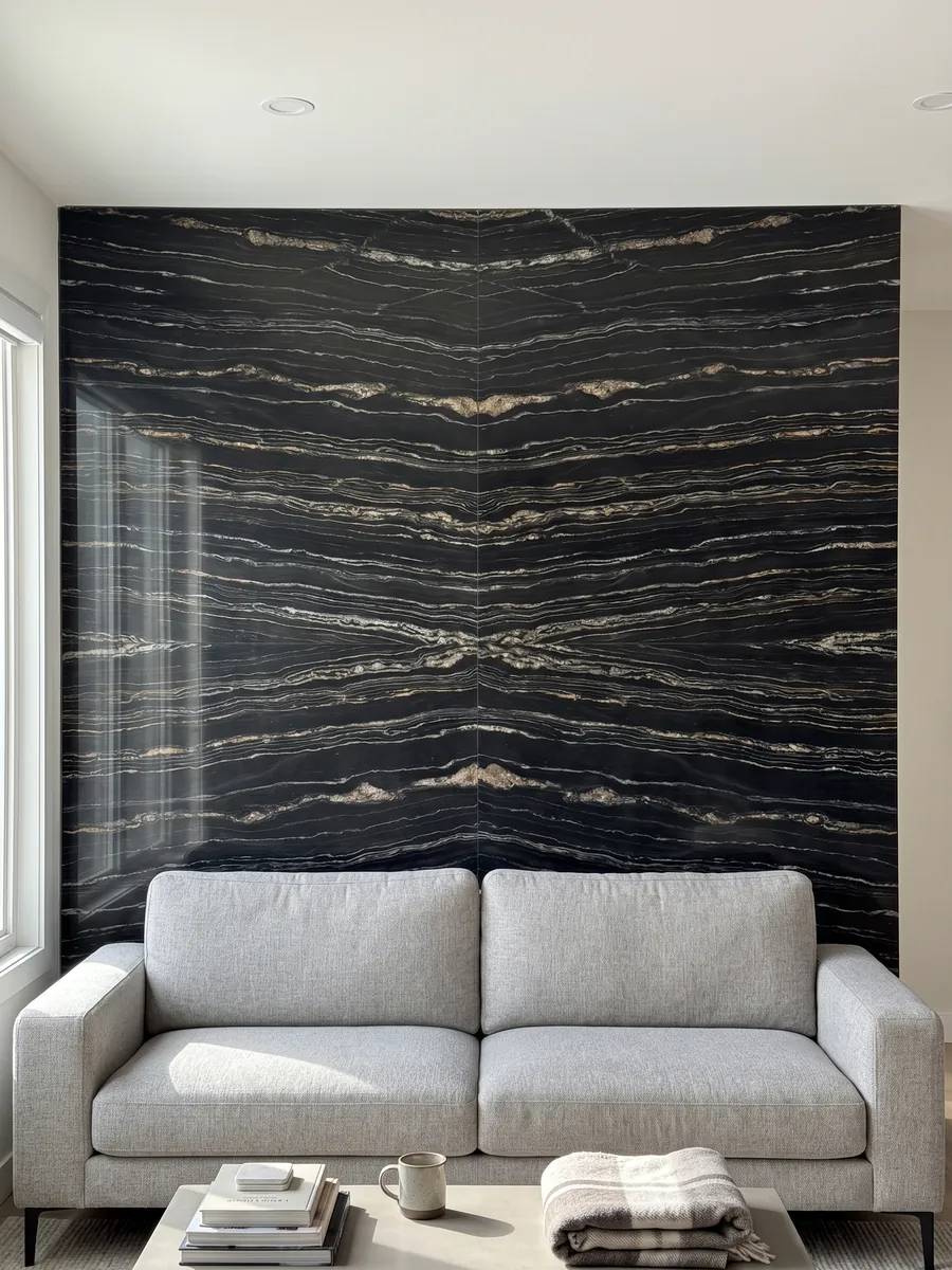 Living room wall clad with bookmatched Tropical Storm black quartzite slabs behind a sofa: black with fine horizontal white and gold lines