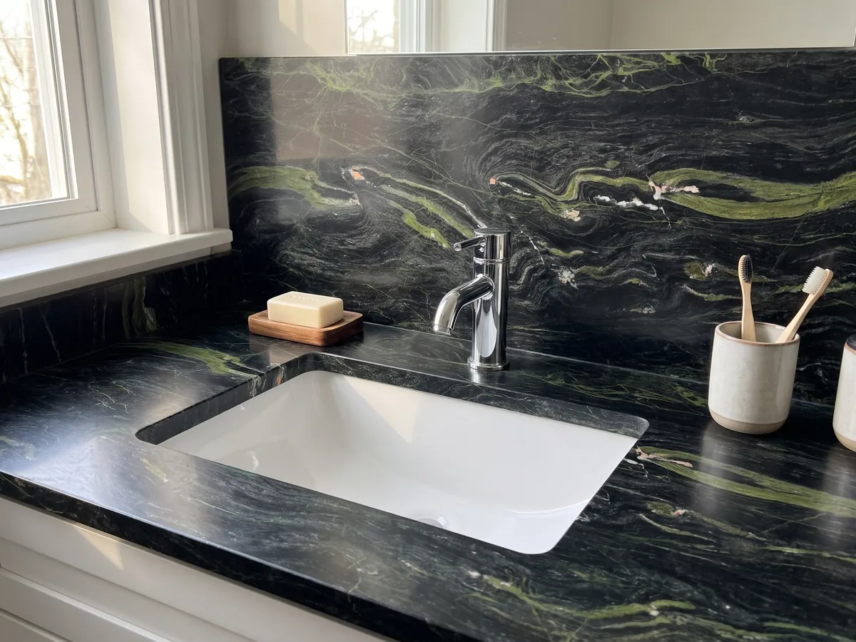 Bathroom vanity top and wall in Vancouver black quartzite with a white sink and chrome fixtures: greenish black with horizontal lime green waves