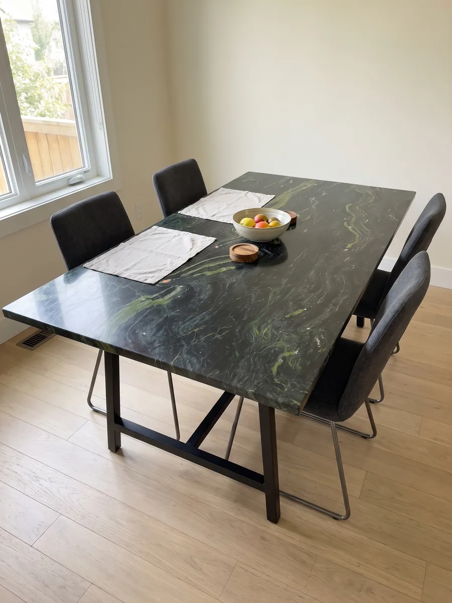 Dining table with a Vancouver black quartzite top on a steel base: greenish black with horizontal lime green waves