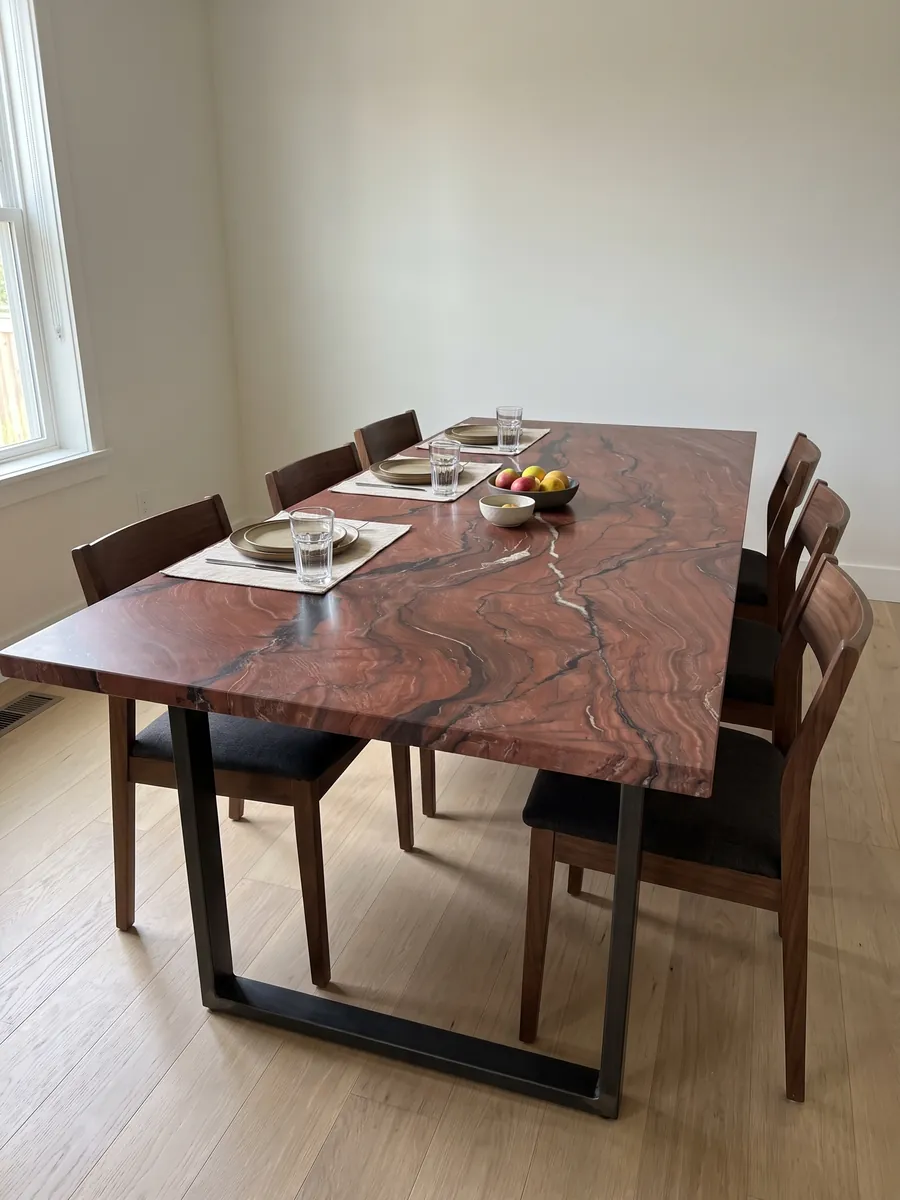 Dining table with a Fusion Red quartzite top on a steel base: brick red with horizontal dark waves and a thin white vein