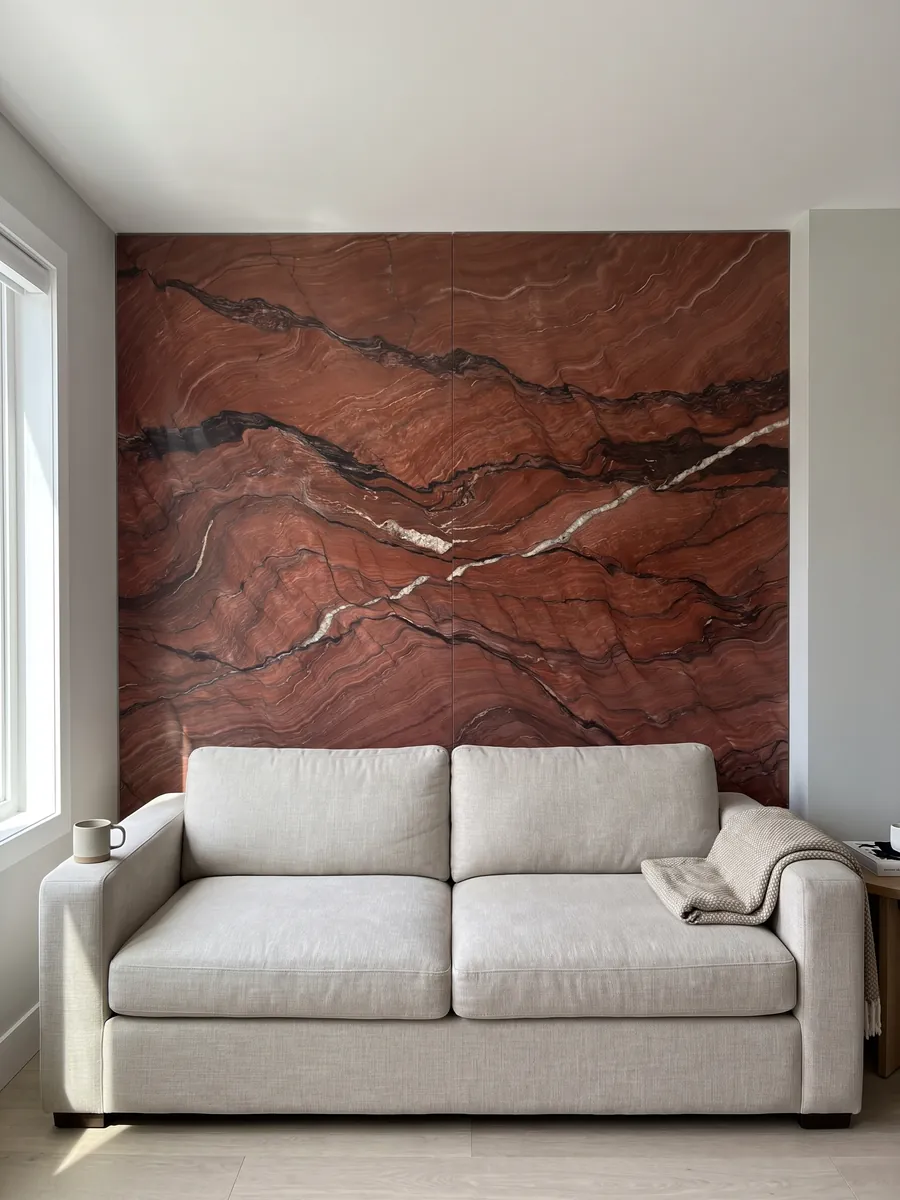 Living room wall clad in bookmatched slabs of Fusion Red quartzite behind a sofa: brick red with dark horizontal waves and a thin white vein