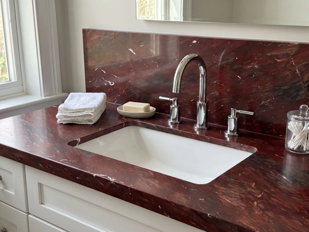 Vanity top and bathroom wall in Napoleon Bordeaux red quartzite with a white sink and chrome faucets: intense wine red with dark areas and small white streaks