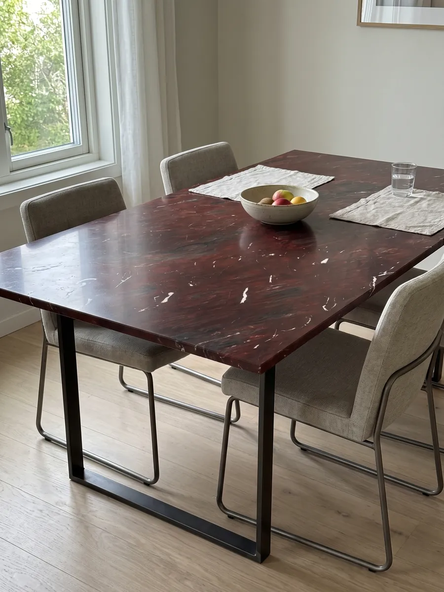 Dining table with a Napoleon Bordeaux red quartzite top on a steel base: intense wine red with dark areas and small white streaks