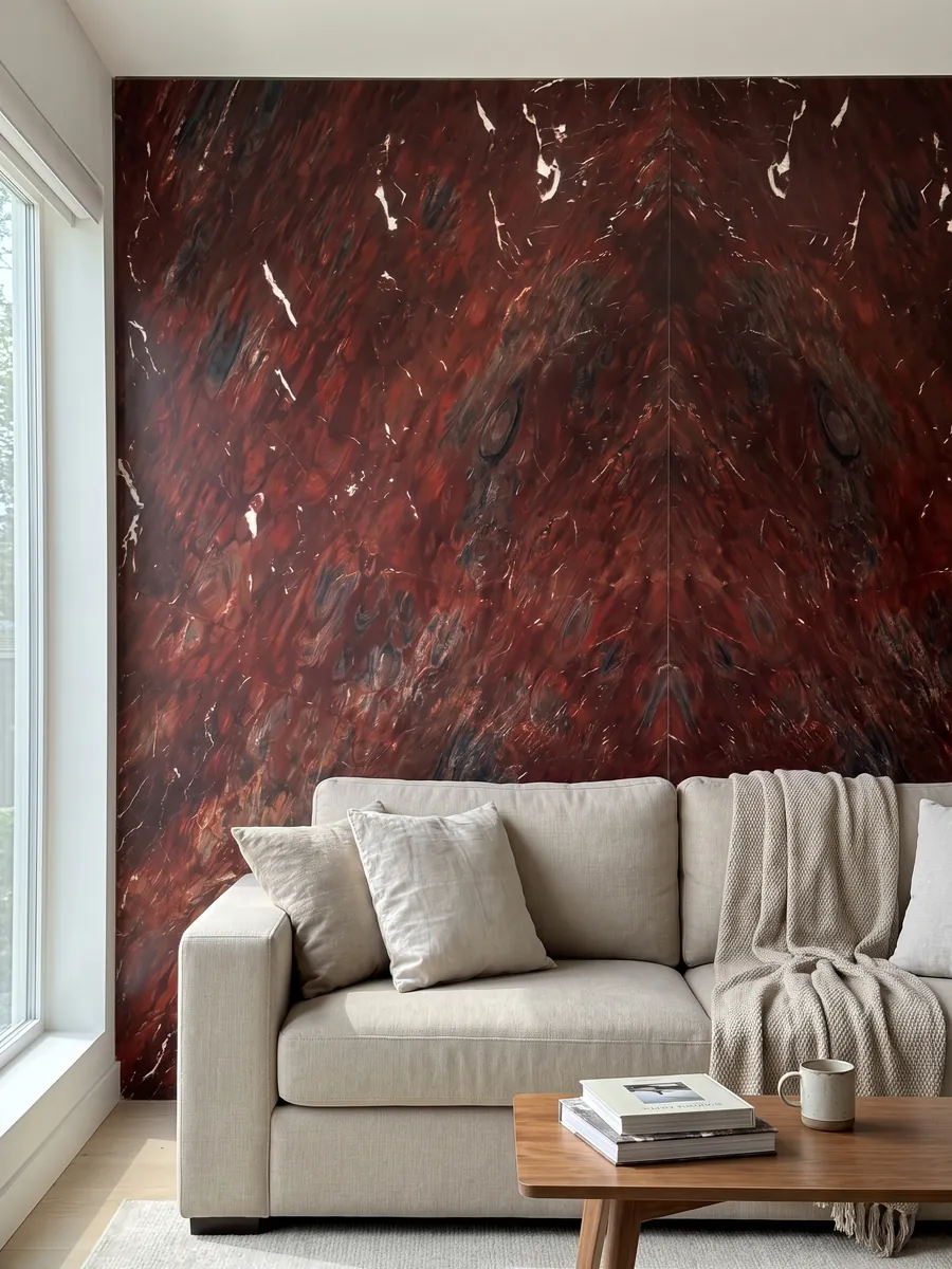 Living room wall clad with bookmatched Napoleon Bordeaux red quartzite slabs behind a sofa: intense wine red with dark areas and small white streaks