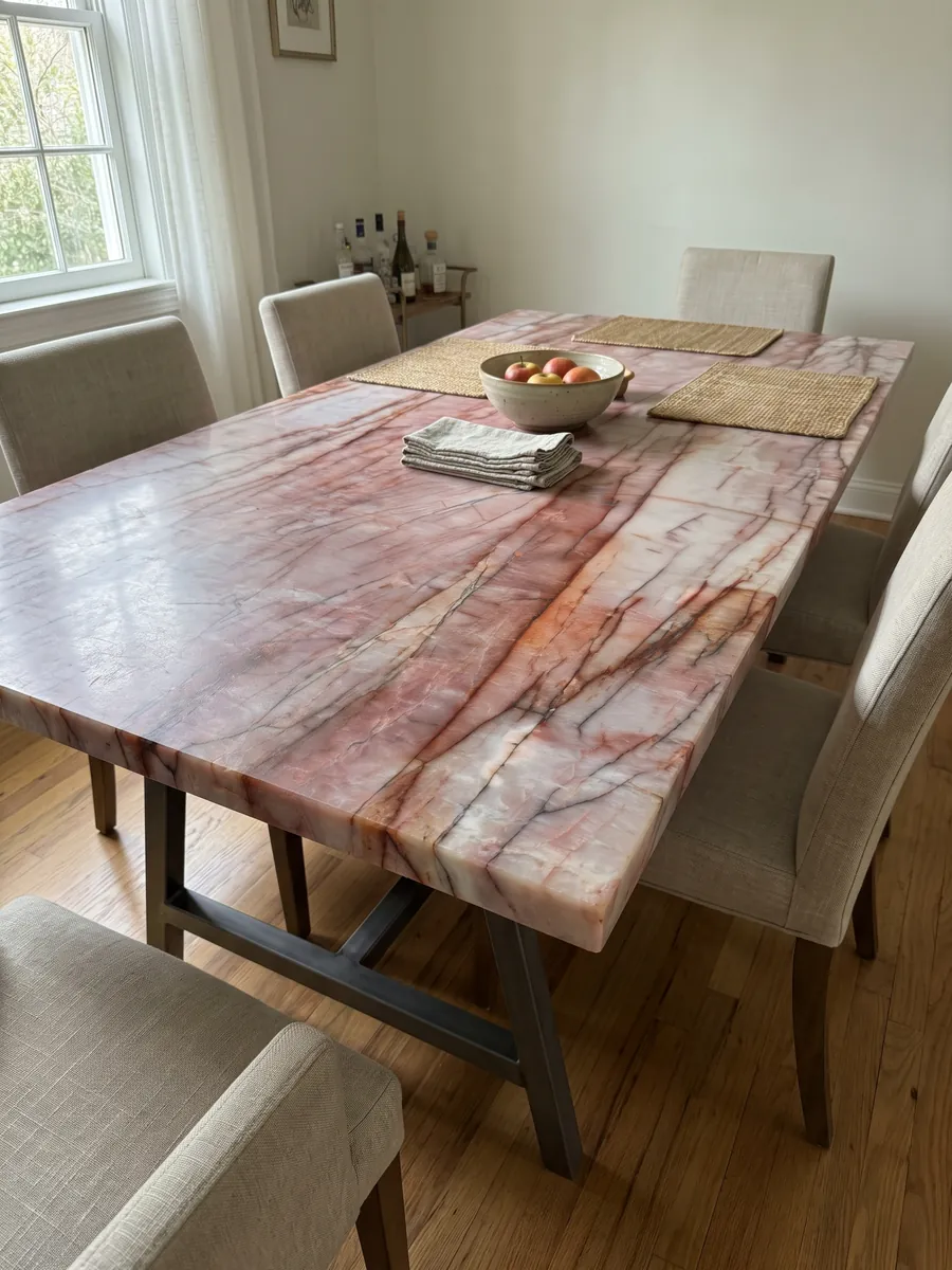 Dining table with a pink Juliet quartzite top on a steel base: intense pink and white with horizontal rust red veins