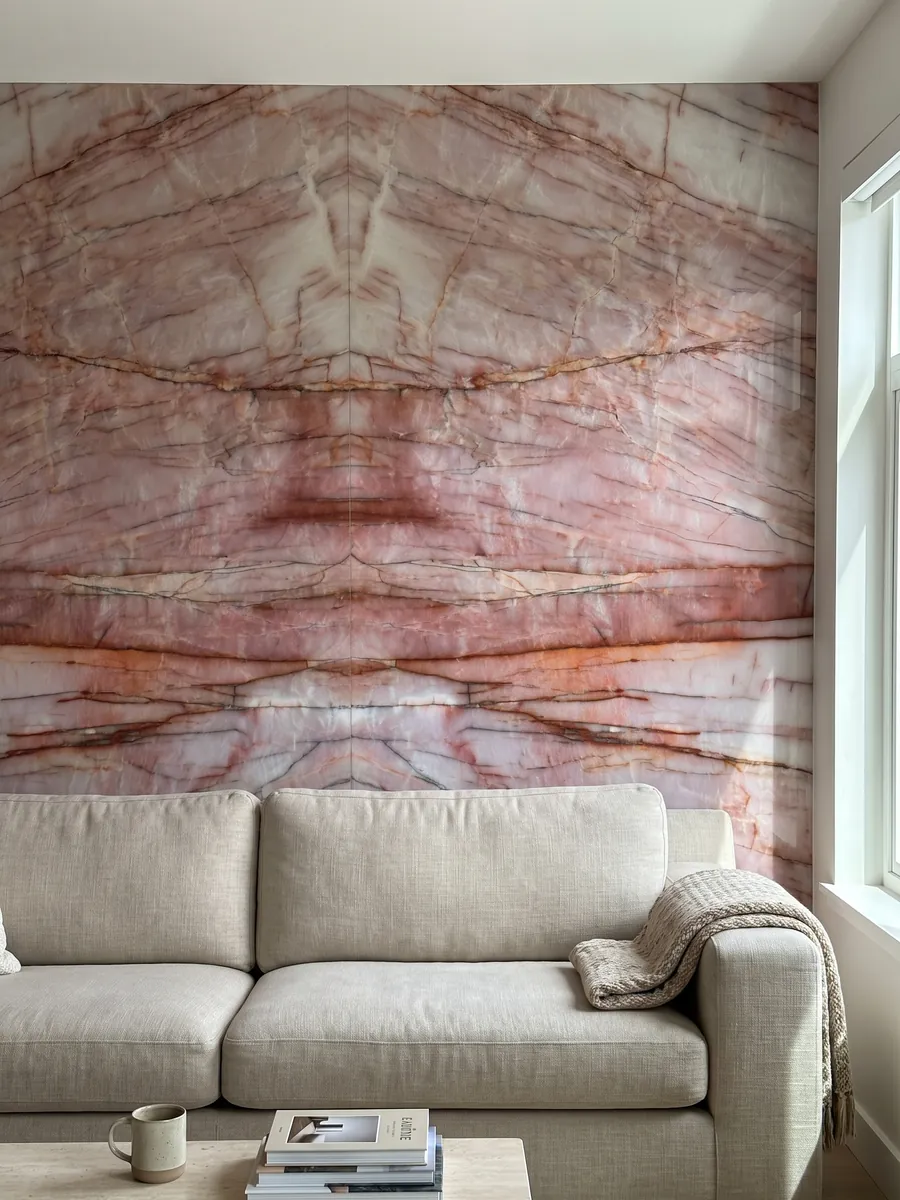 Living room wall clad with bookmatched pink Juliet quartzite slabs behind a sofa: intense pink and white with horizontal rust red veins