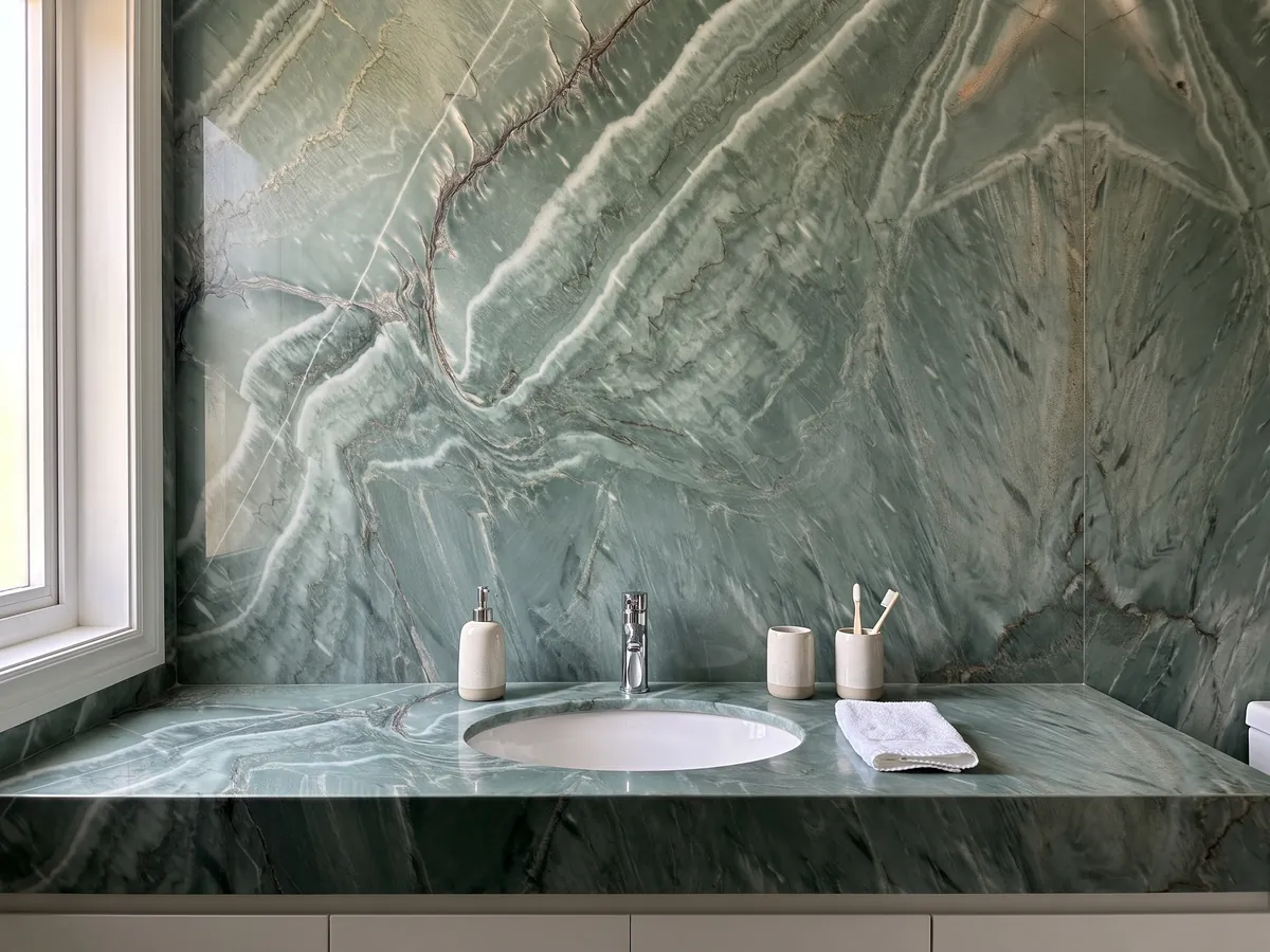 Vanity top and bathroom wall in green Amazzonia Green quartzite with a white sink and chrome faucets: jade green with diagonal white waves and crossing dark veins