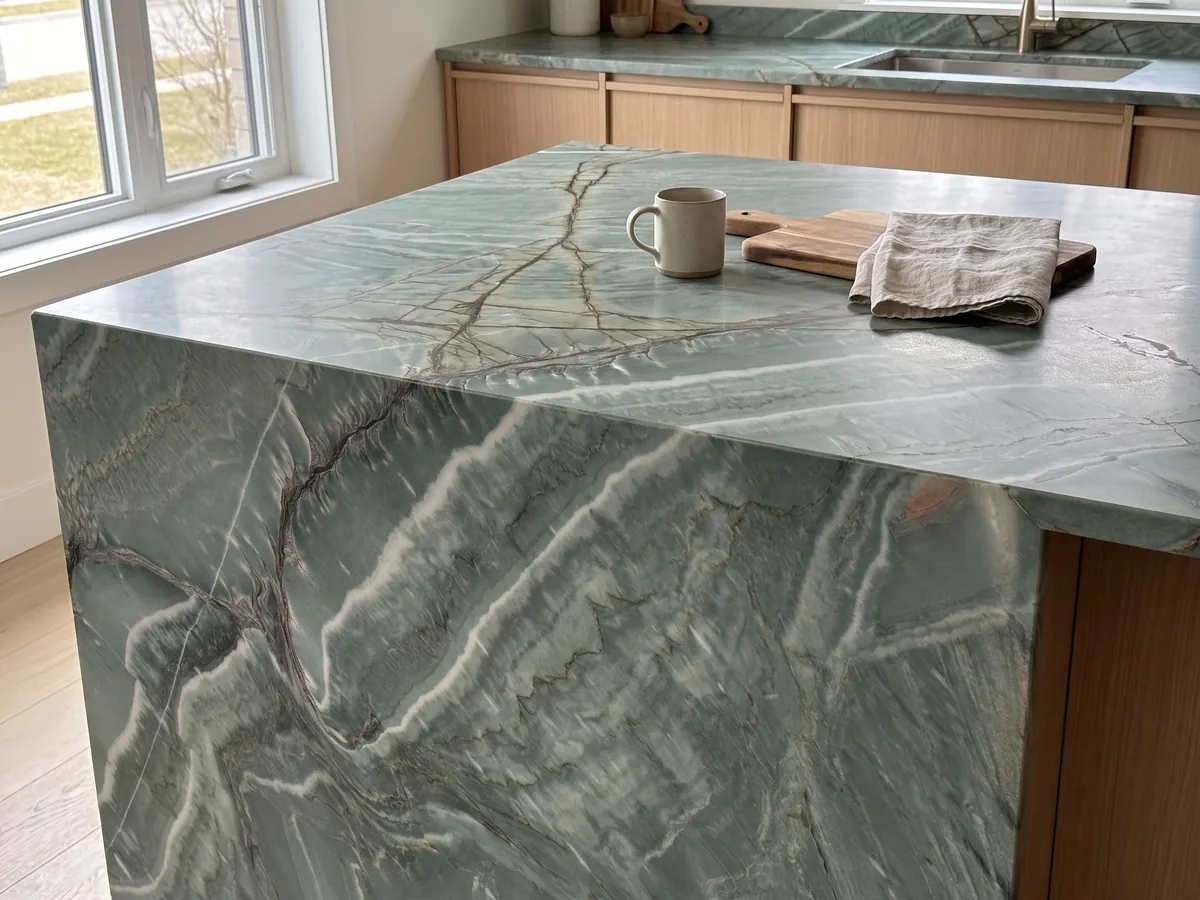 Kitchen island with a green Amazzonia Green quartzite countertop and a straight edge in a naturally lit kitchen: jade green with diagonal white waves and crossing dark veins