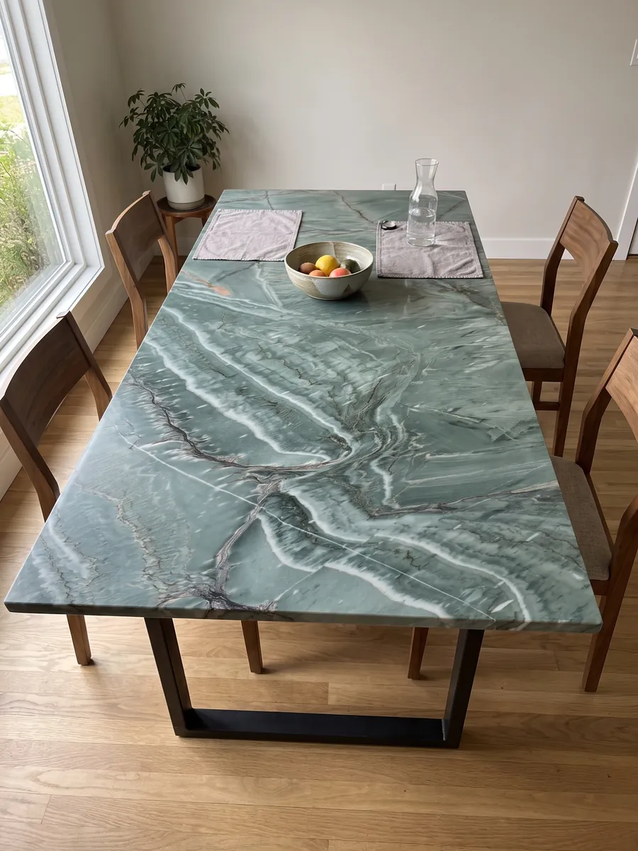 Dining table with a green Amazzonia Green quartzite top on a steel base: jade green with diagonal white waves and crossing dark veins