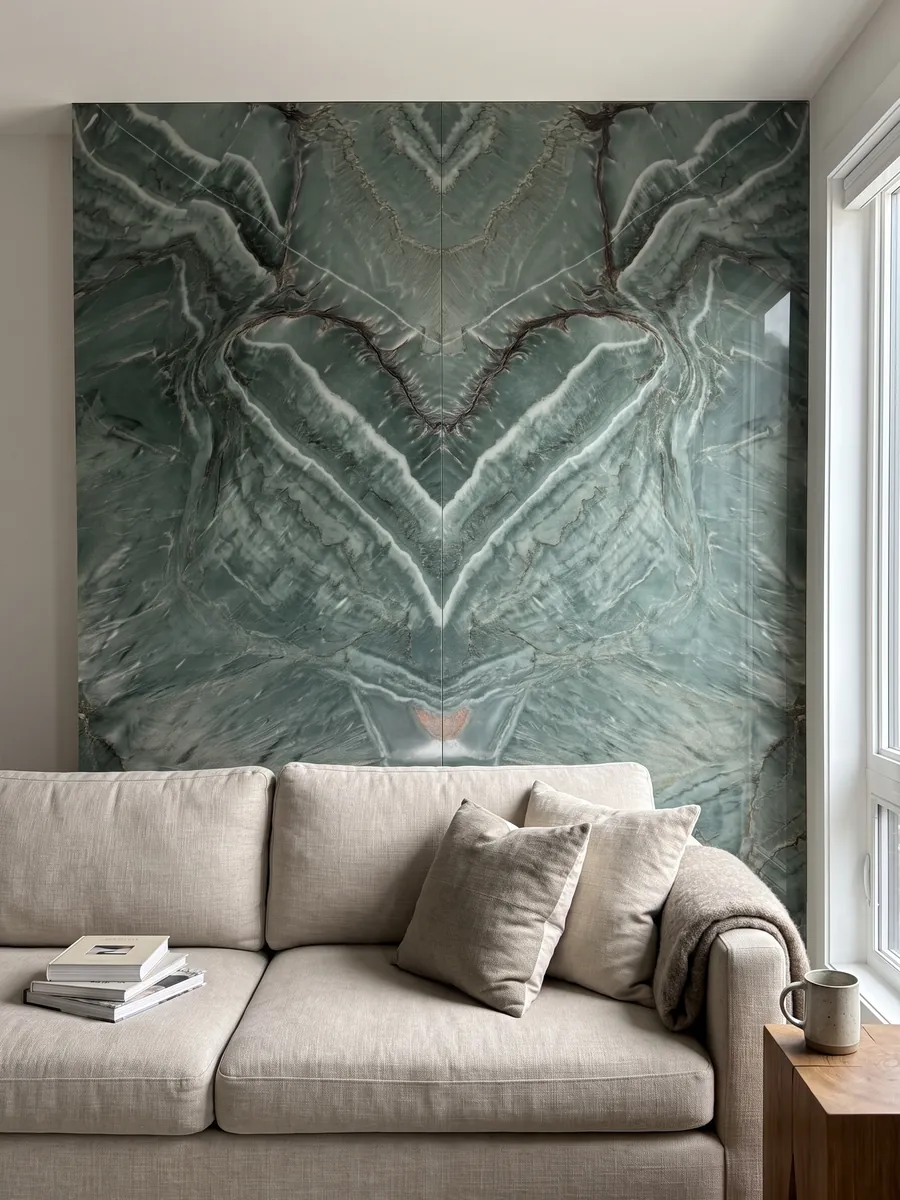 Living room wall clad in bookmatched green Amazzonia Green quartzite slabs behind a sofa: jade green with diagonal white waves and crossing dark veins