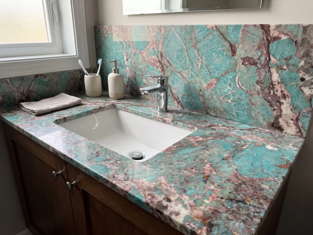 Vanity top and bathroom wall in green Amazzonite quartzite with a white sink and chrome faucets: intense turquoise patches surrounded by pink and burgundy areas