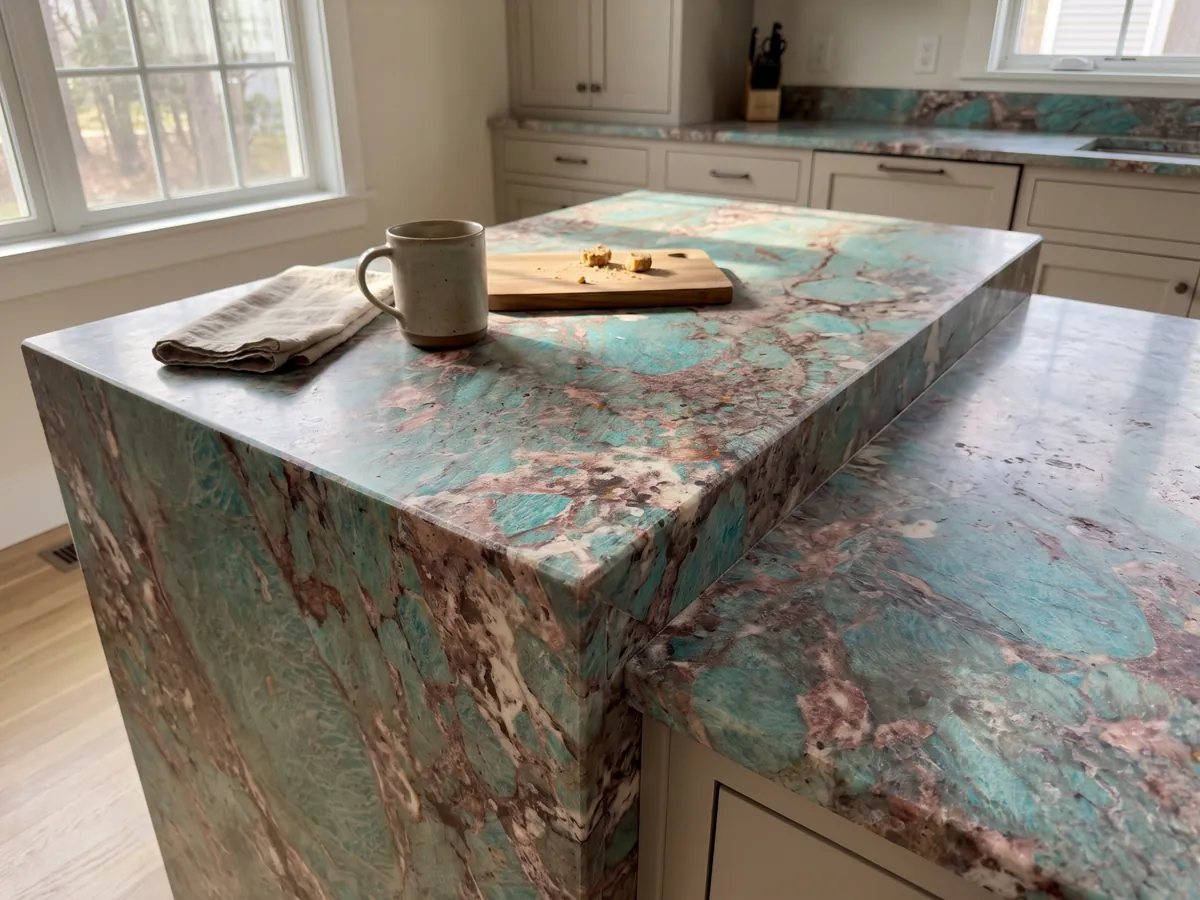 Kitchen island with a green Amazzonite quartzite countertop and a straight edge in a naturally lit kitchen: intense turquoise patches surrounded by pink and burgundy areas
