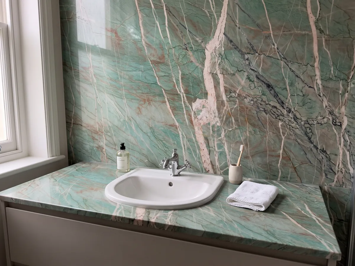 Vanity top and bathroom wall in green Amazzonite Cristallo quartzite with a white sink and chrome faucets: blue-green crossed by pinkish-white veins and fine reddish lines