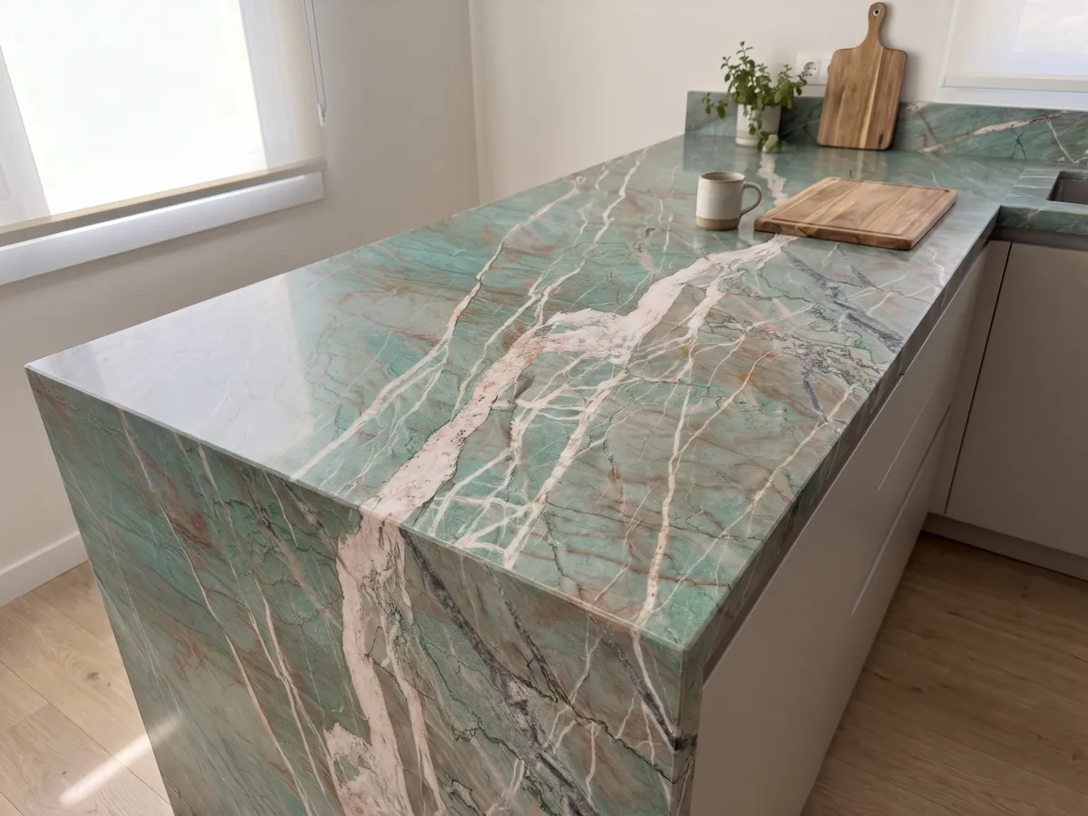 Kitchen island with a green Amazzonite Cristallo quartzite countertop and a straight edge in a naturally lit kitchen: blue-green crossed by pinkish-white veins and fine reddish lines
