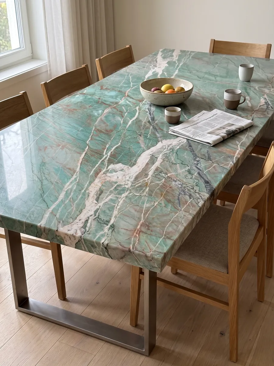 Dining table with a green Amazzonite Cristallo quartzite top on a steel base: blue-green crossed by pinkish-white veins and fine reddish lines