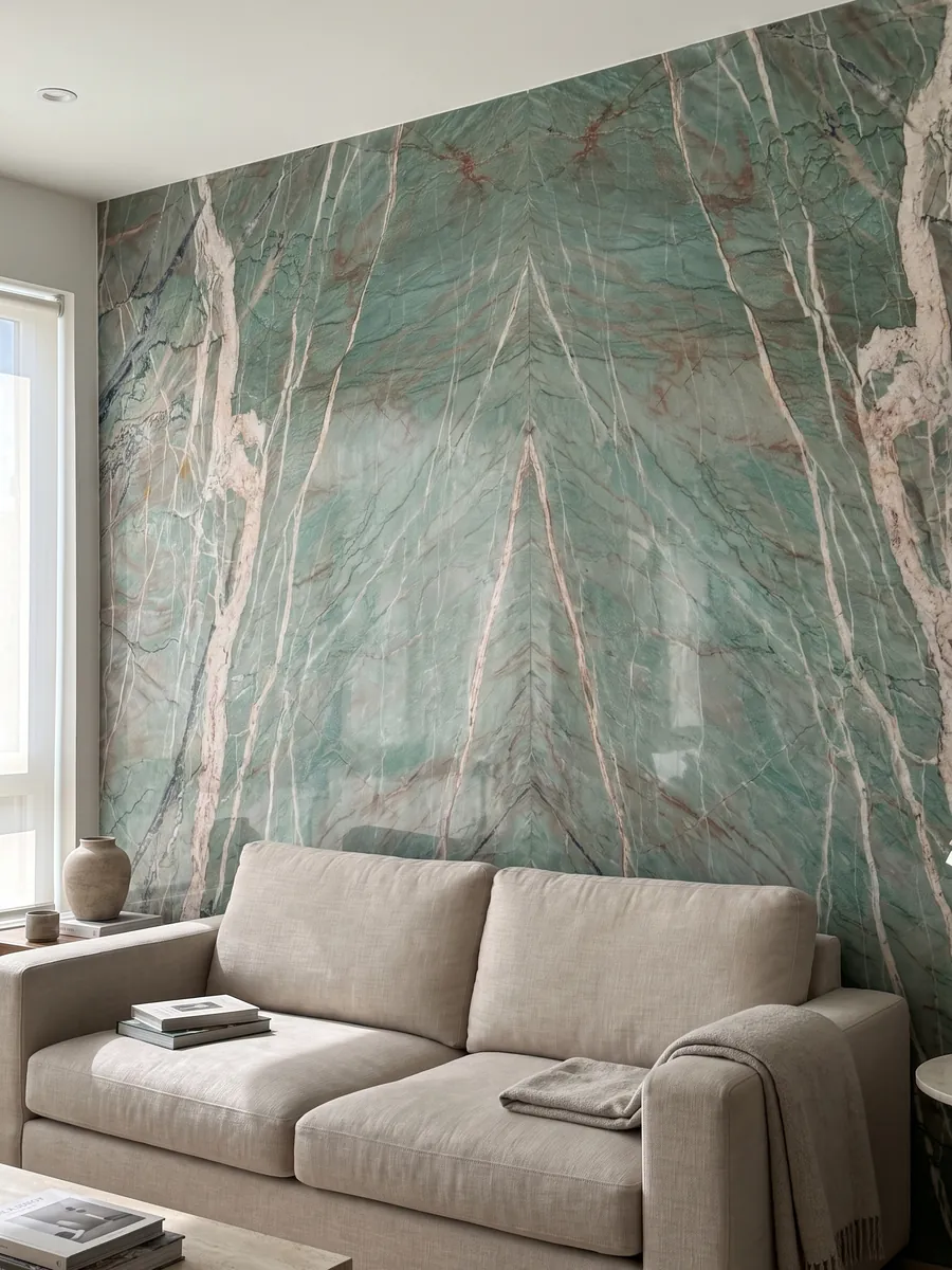 Living room wall clad in bookmatched green Amazzonite Cristallo quartzite slabs behind a sofa: blue-green crossed by pinkish-white veins and fine reddish lines