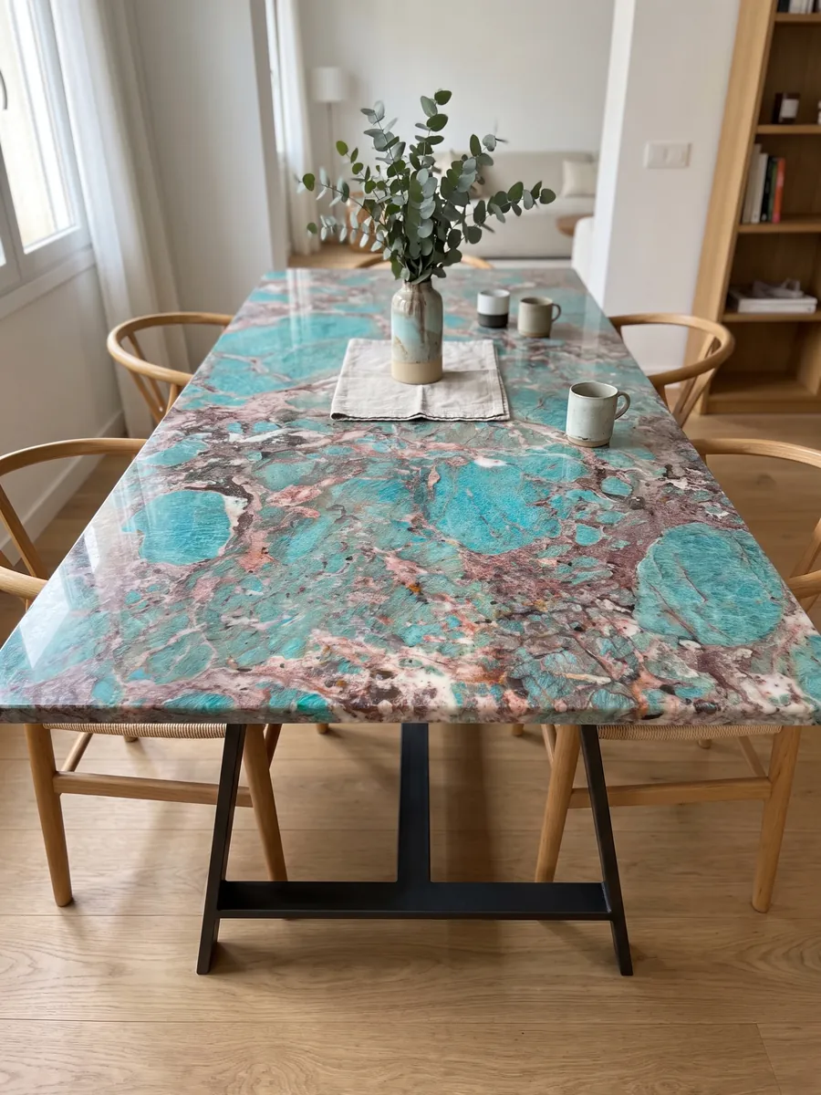 Dining table with a green Amazzonite quartzite top on a steel base: intense turquoise patches surrounded by pink and burgundy areas
