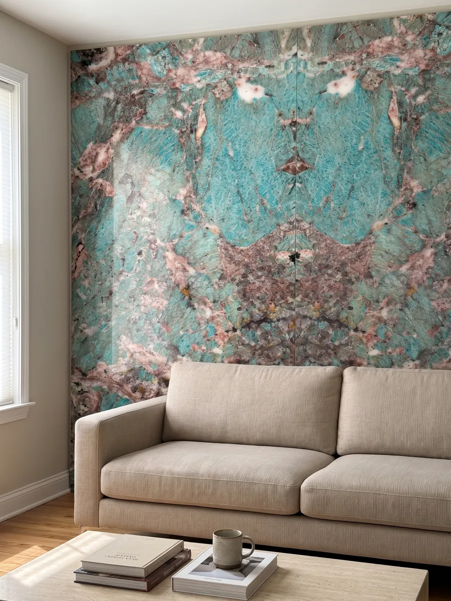 Living room wall clad in bookmatched green Amazzonite quartzite slabs behind a sofa: intense turquoise patches surrounded by pink and burgundy areas