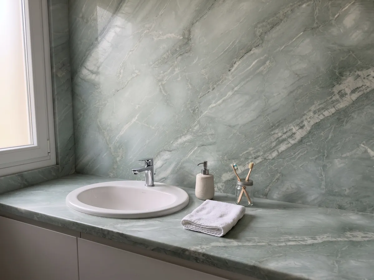 Vanity top and bathroom wall in green Aquamarine quartzite with a white sink and chrome faucets: very pale aqua with soft diagonal white veins