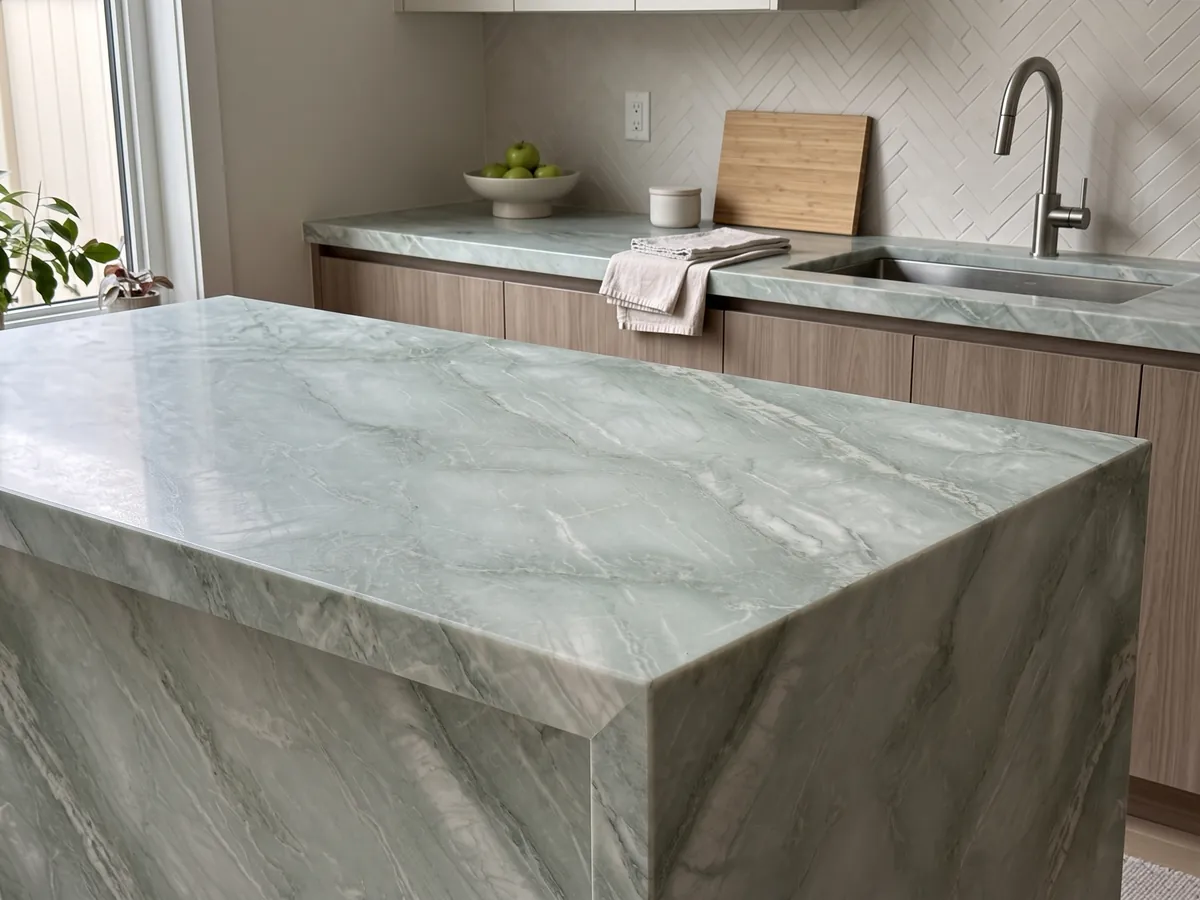Kitchen island with a green Aquamarine quartzite countertop and a straight edge in a naturally lit kitchen: very pale aqua with soft diagonal white veins