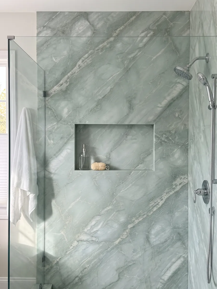Shower clad in full green Aquamarine quartzite slabs with a recessed niche: very pale aqua with soft diagonal white veins