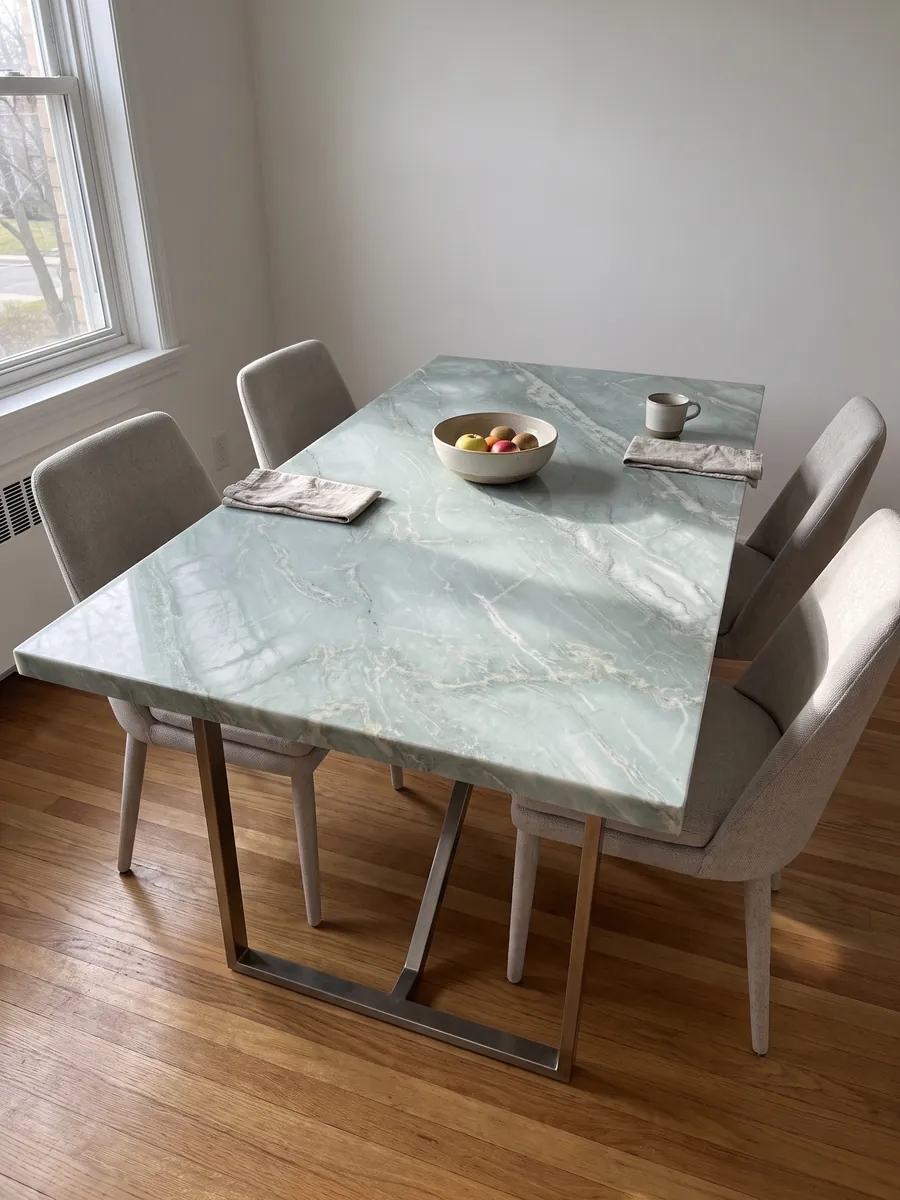Dining table with a green Aquamarine quartzite top on a steel base: very pale aqua with soft diagonal white veins