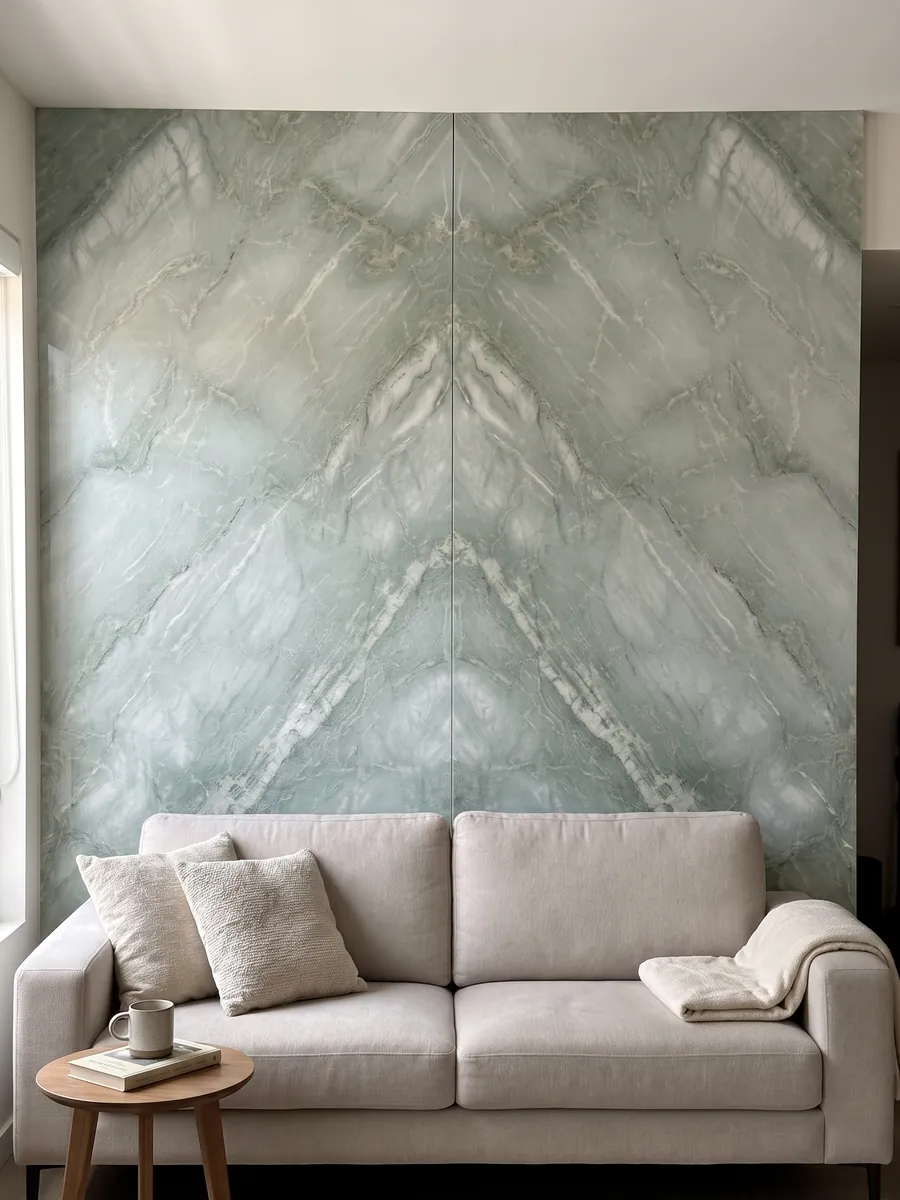 Living room wall clad in bookmatched green Aquamarine quartzite slabs behind a sofa: very pale aqua with soft diagonal white veins