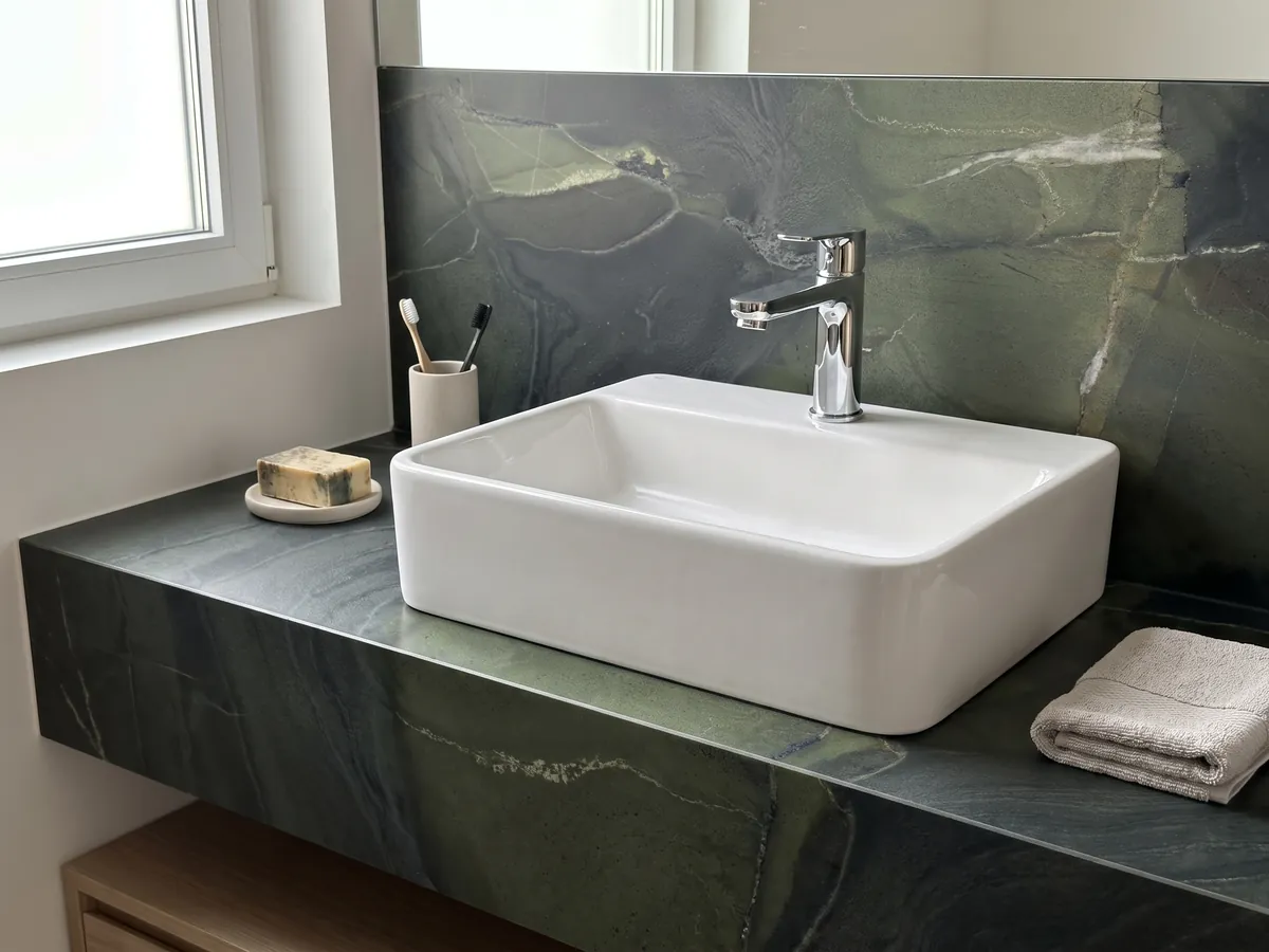 Vanity top and bathroom wall in green Avocatus quartzite with a white sink and chrome faucets: deep green in areas, crossed by a few fine white lines