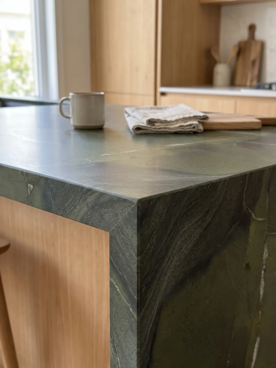 Straight edge of a green Avocatus quartzite kitchen countertop with the vein continuing over the edge: deep green in areas, crossed by a few fine white lines