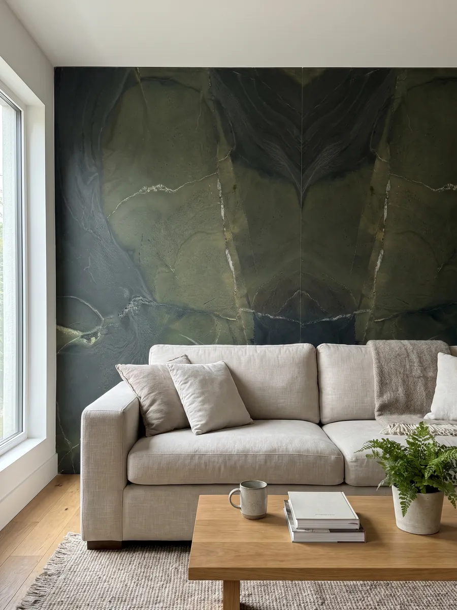 Living room wall clad in bookmatched green Avocatus quartzite slabs behind a sofa: deep green in areas, crossed by a few fine white lines