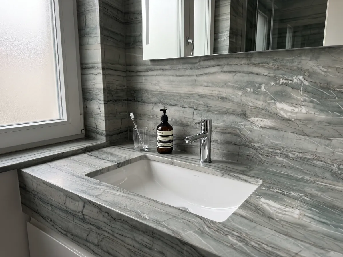 Bathroom vanity top and wall in green Cristallo Tiffany quartzite with a white sink and chrome fixtures: sage green in horizontal bands with dark lines and touches of white