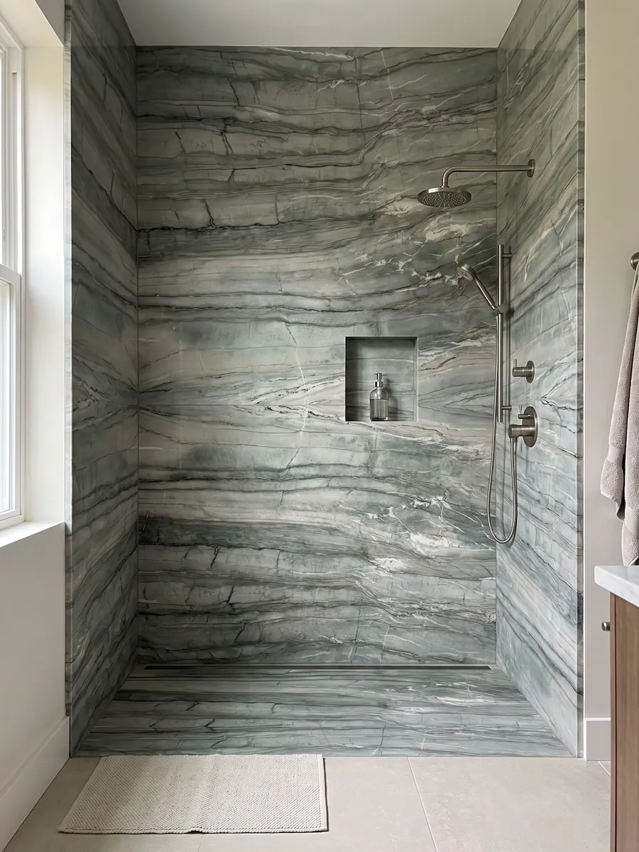 Shower clad in full green Cristallo Tiffany quartzite slabs with a recessed niche: sage green in horizontal bands with dark lines and touches of white