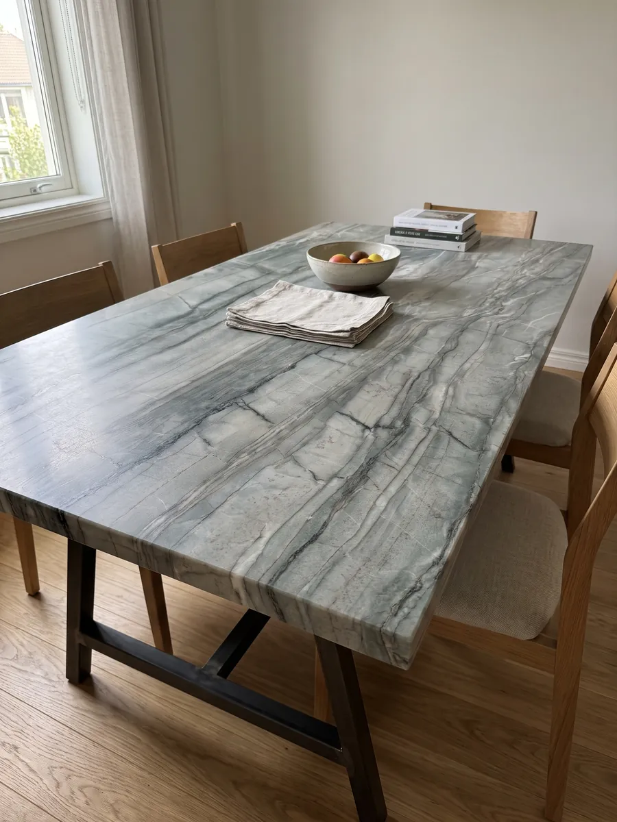 Dining table with a green Cristallo Tiffany quartzite top on a steel base: sage green in horizontal bands with dark lines and touches of white