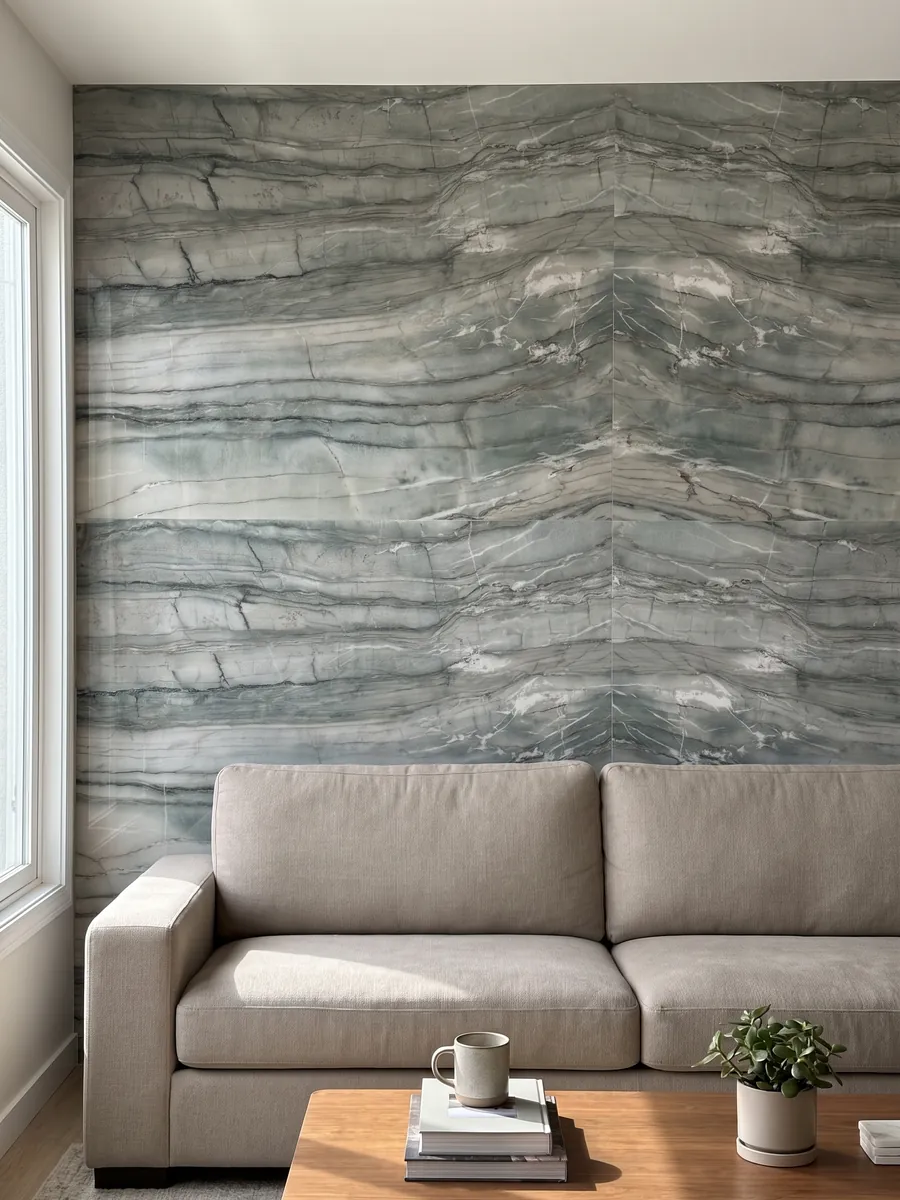 Living room wall clad in bookmatched green Cristallo Tiffany quartzite slabs behind a sofa: sage green in horizontal bands with dark lines and touches of white