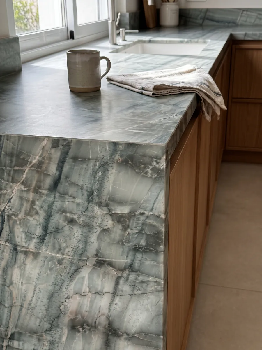 Straight edge of a kitchen countertop in green Da Vinci quartzite with the vein continuing over the edge: grayish green with a grid of dark vertical veins and light bands