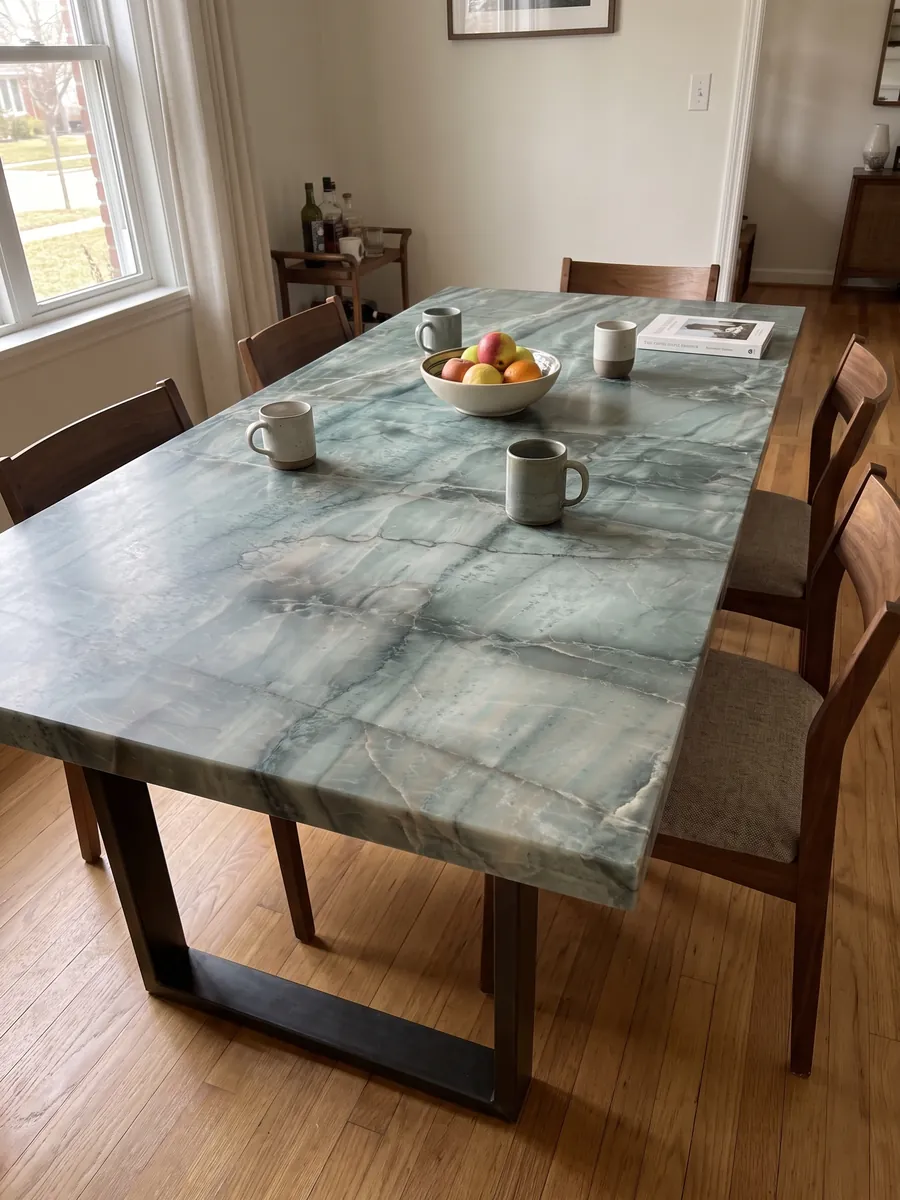 Dining table with a green Da Vinci quartzite top on a steel base: grayish green with a grid of dark vertical veins and light bands