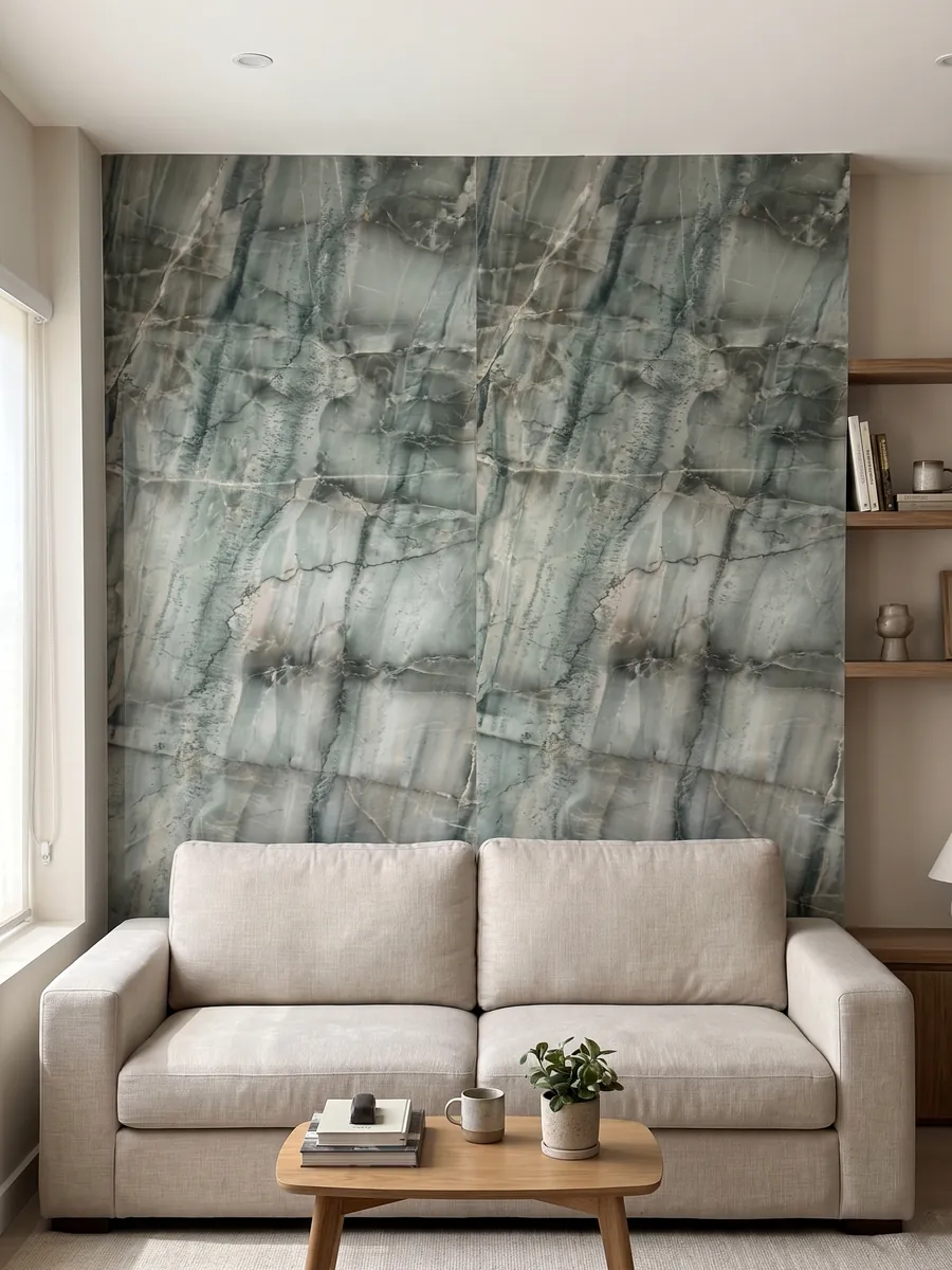 Living room wall clad in bookmatched green Da Vinci quartzite slabs behind a sofa: grayish green with a grid of dark vertical veins and light bands