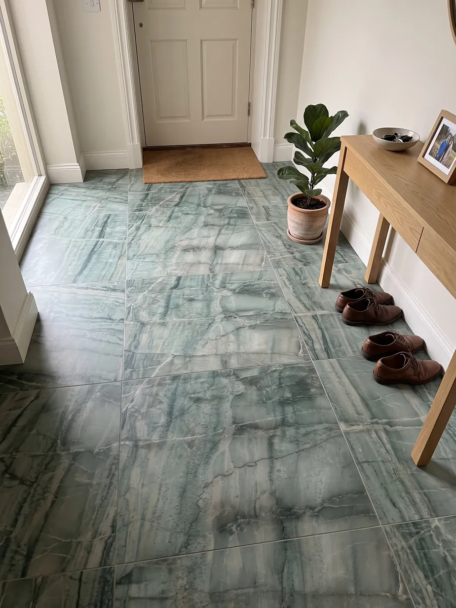 Entryway floor in large green Da Vinci quartzite slabs with natural light: grayish green with a grid of dark vertical veins and light bands